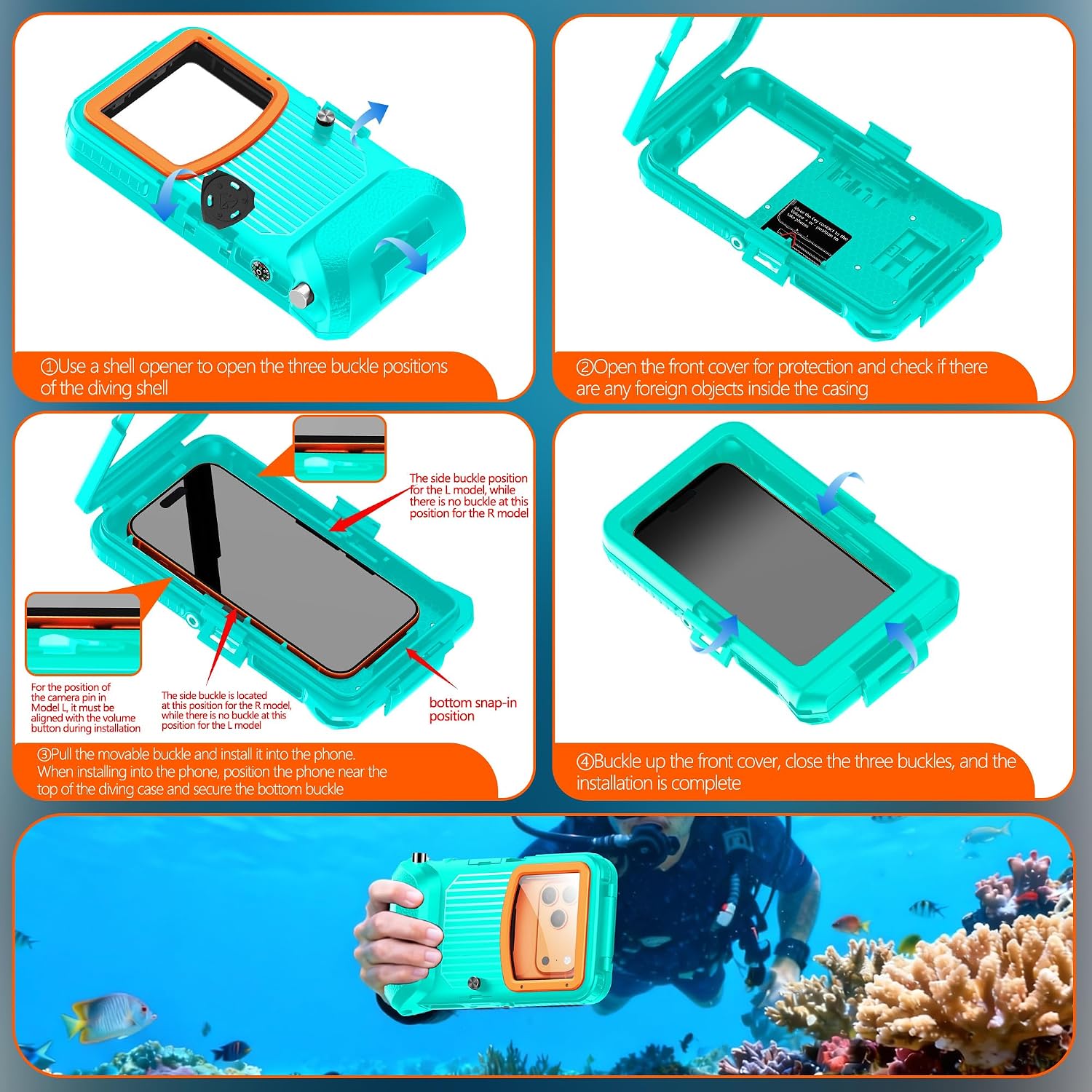 Underwater Case for Samsung Galaxy S26/S25/S24/S23/S22/Ultra/Plus Pixel Moto, [50FT] Waterproof Phone Housing Snorkeling Scuba Diving, Fit Smartphone 5.4-6.9” Right Side Volume Key, Teal