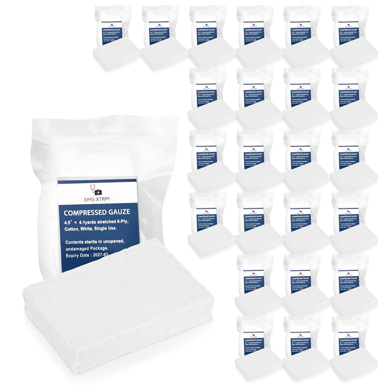 EMS XTRM Compressed Gauze - Sterile, 100% Cotton - 4.5" x 4.1 Yards Gauze, Z Fold Gauze for EMS, Hospitals, First Aid - Lightweight & Durable Medical Packing Gauze (25)
