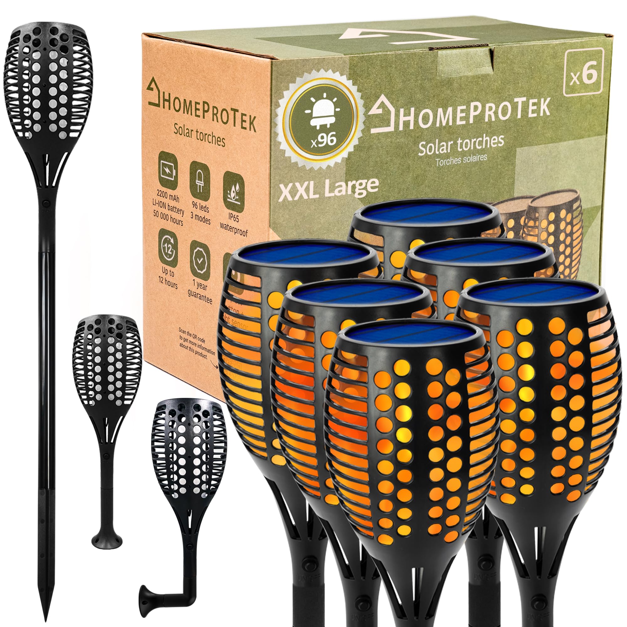 HOMEPROTEK Lampade Solari da Giardino - Set di 6, XXL, 96 Luci LED, Effetto Fiamma, 3 Modalità Torcia, Respiro e Sfarfallio, IP65, Accensione/Spegnimento Automatico, Cortile, Balcone, Rampa e Vialetto