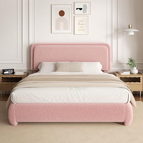 Miniatura 16 de Base de cama de tamaño Queen con plataforma de bouclé, base de cama tapizada tipo nube con cabecera ajustable, esquinas redondeadas anticolisión, no