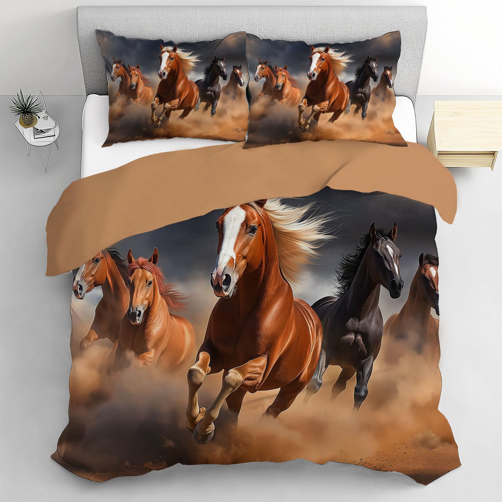 Housse de couette 3D cheval marron imprimé animalier sauvage pour lit une place