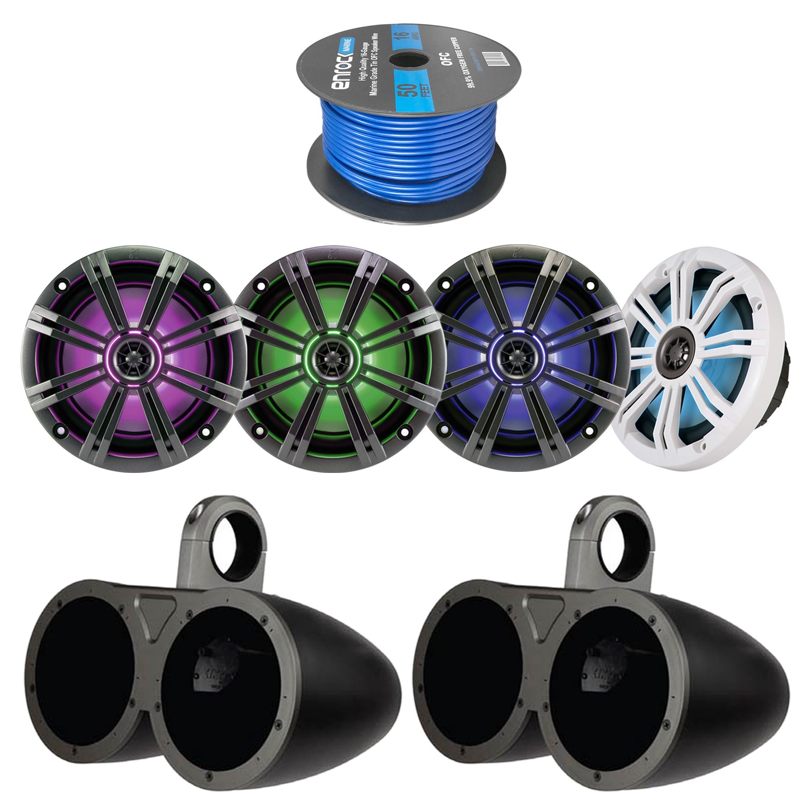 4X Kicker 6.5 Inch KM-Series LED Marine Boat Coaxial Speakers Bundle Combo with 4X Kicker 6.5" Dual Speakers Tower Black Enclosures, Enrock 50 Foot 16-Gauge Speaker Wire