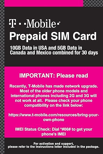 Tarjeta SIM prepagada de Canadá, México y EE. UU. T-Mobile 10GB 4G LTE Datos en Estados Unidos y 5GB de datos en Canadá o México combinados con