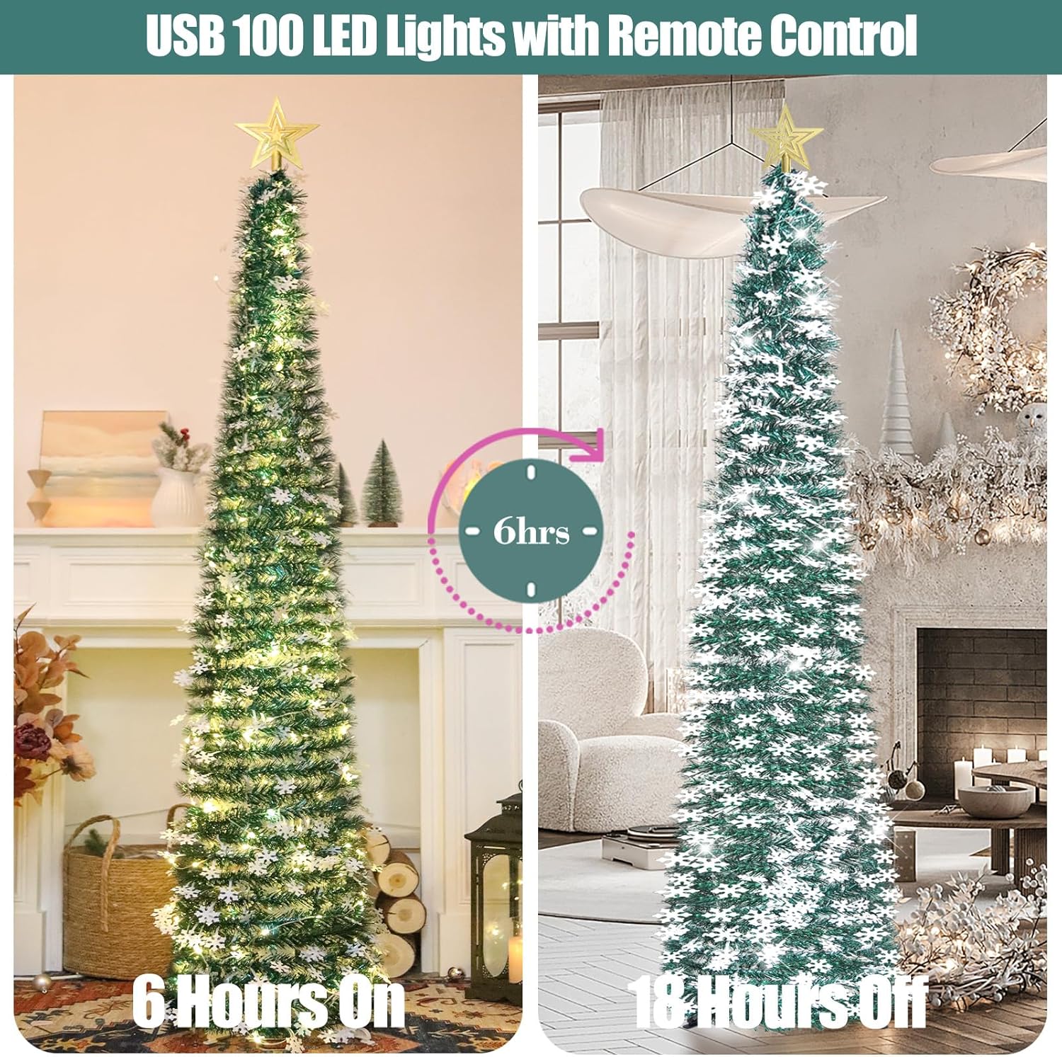 HMASYO 6 FT Pop Up Tinsel Christmas Tree with 100 LED Lights & Remote, Collapsible Artificial Pencil Tree with Snowflake Ornaments Xmas Decoration for Home, Office, Party, USB Powered Timer Lights