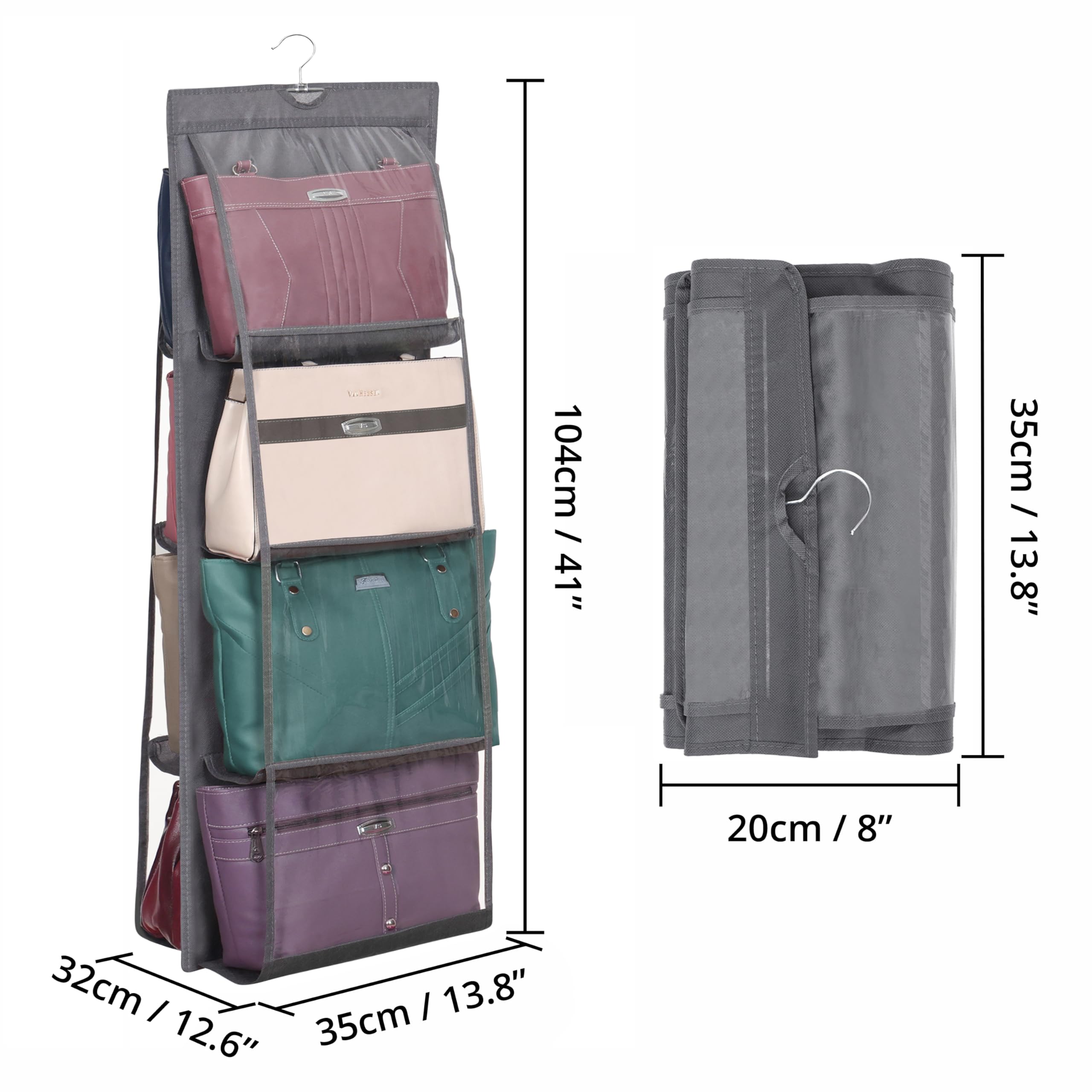Winter Shore Portaborse da Armadio Appendibile (2 Pezzi) - Organizer per Armadio Bianco Pieghevole per Borse Firmate, Pochette - 8 Scomparti in Plastica Trasparente, Ganci Placcati per Carichi Pesanti