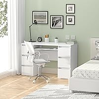 Vista 5 de Escritorio blanco con cajones, escritorio de computadora para dormitorio, mesa de oficina en casa con almacenamiento, escritorios de madera de 47