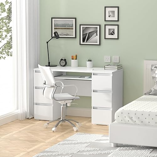 Miniatura 5 de Escritorio blanco con cajones, escritorio de computadora para dormitorio, mesa de oficina en casa con almacenamiento, escritorios de madera de 47