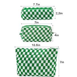 ZLFSRQ 3Pcs Checkered Makeup Bag for Women Large Small Checkered Cosmetic Bag Set Aesthetic Preppy Pencil Case Cute Pencil Pouch Green Makeup Pouch for Purse Travel Toiletry Bags Zipper Skincare Bags
