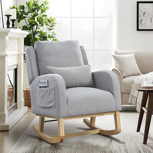 Miniatura 7 de Mecedora para guardería, mecedora tapizada con respaldo alado, mecedora con respaldo alto cómodo, reposabrazos curvado, almohada lumbar para sala de