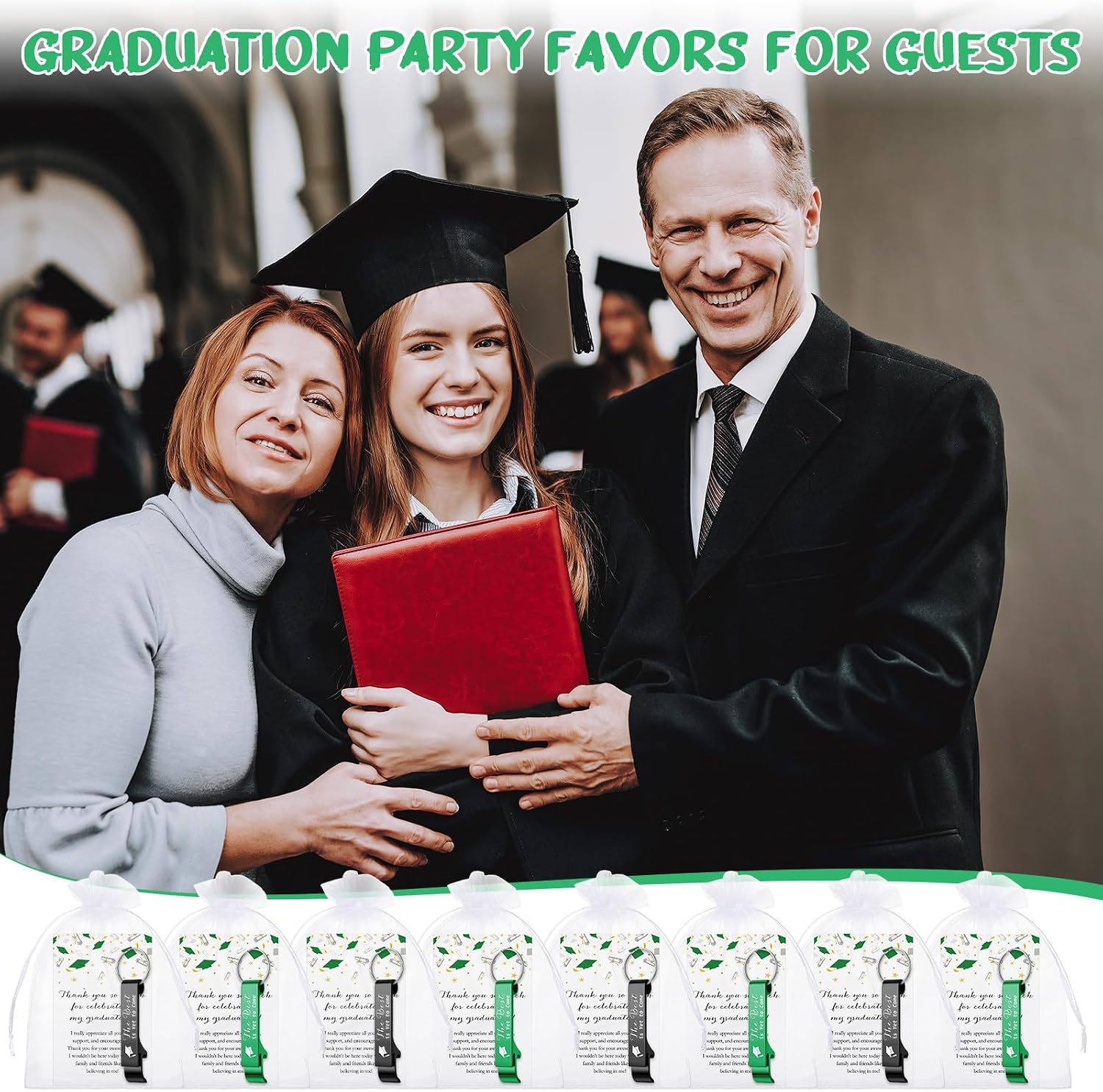 Jingmore 100 Sets Graduation Party Favors Bulk Class of 2026 Graduation Gifts Grad Cap Bottle Opener Keychain with Thank You Cards Class of 2026 Reunion Souvenirs Favors for Guests (Green,Black)