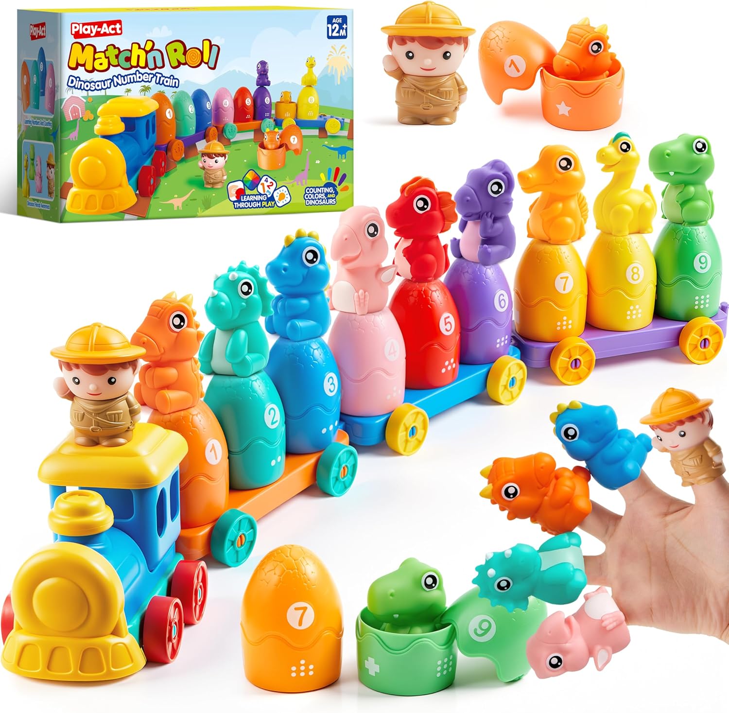 JOYIN Montessori Dinosaur Train Toy for Toddlers 1-3 Years: Counting Matching Sorting Playset with 9 Dinosaurs, Easter Birthday Gift