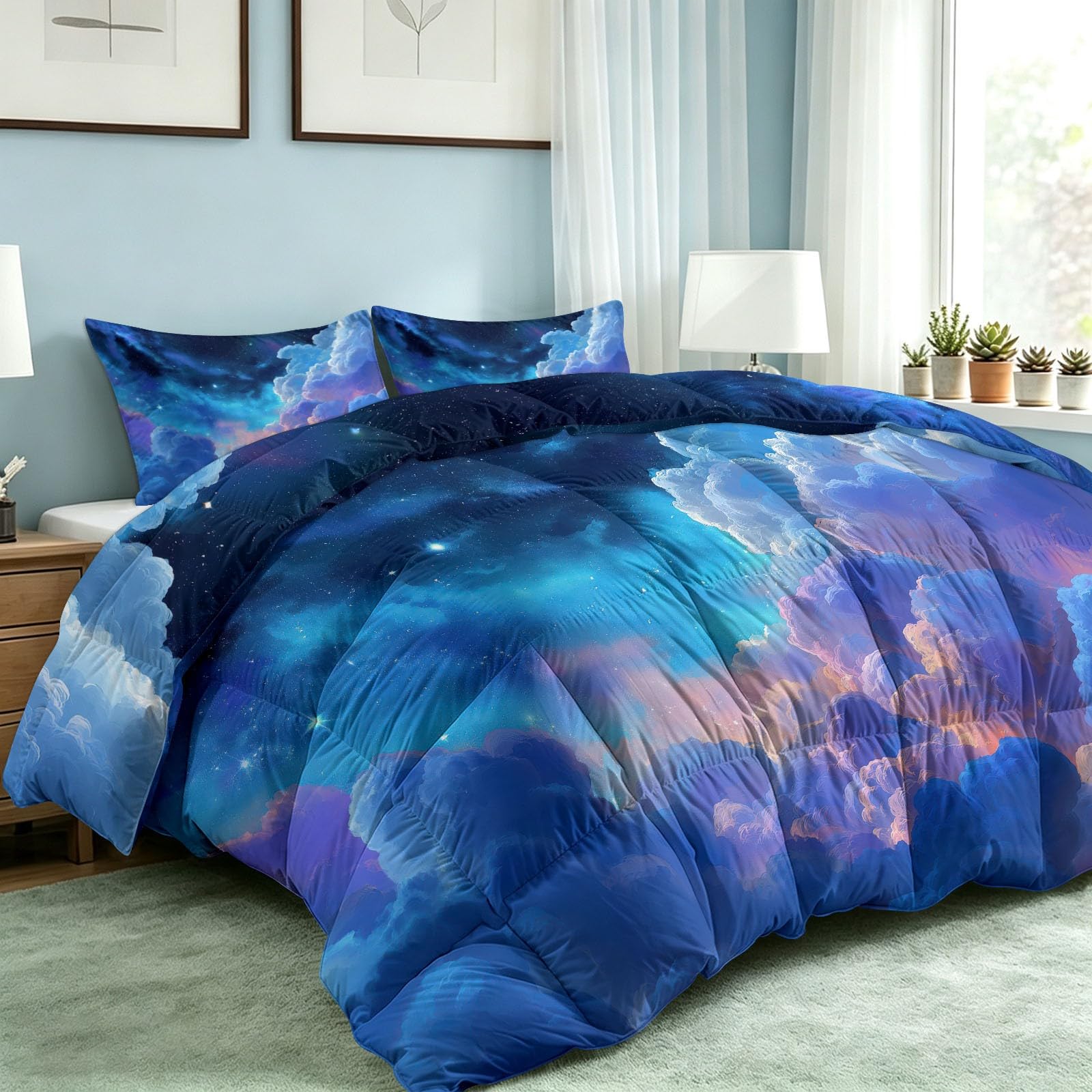 Bettdecke ohne Bezug 135x200 cm Digital Painting Landscape Antiallergisch Leichtsteppbett & Ganzjahresdecke - Waschbar mit 2 Kissenbezügen Cloud Star Glowing Sparkle Weiche und Atmungsaktive Wende