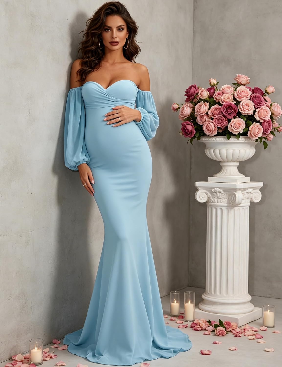 Off Shoulder Mermaid Maternity Gown Puff Sleeve Baby Shower Dress