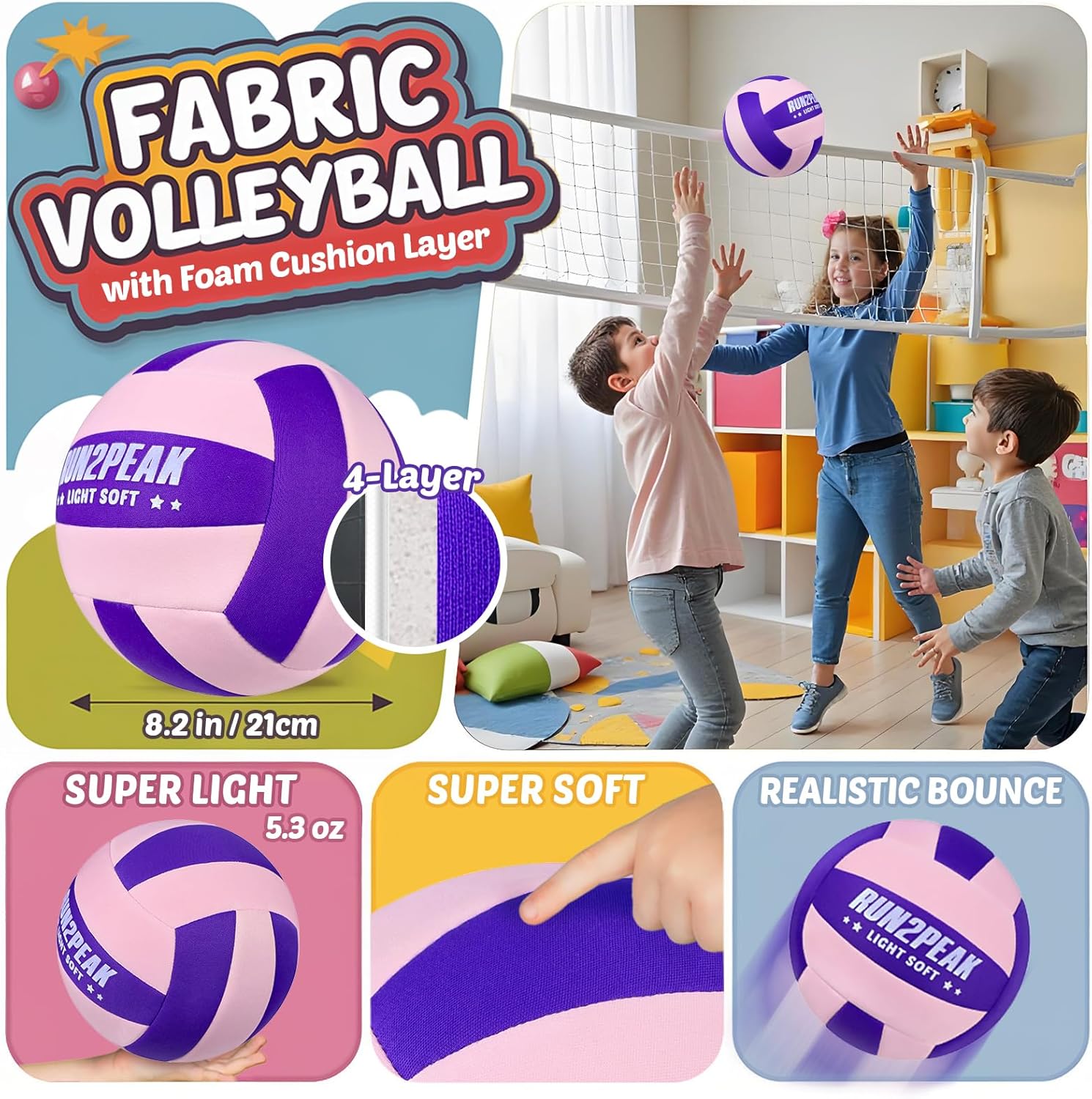 RUN2PEAK Super Soft Light Volleyball - Safe and Quiet Fabric Volleyball Ball for Indoor Play - Official Size 5 Kids Youth Beginners Lightweight Volleyballs Trainer for House Yard Training Practice
