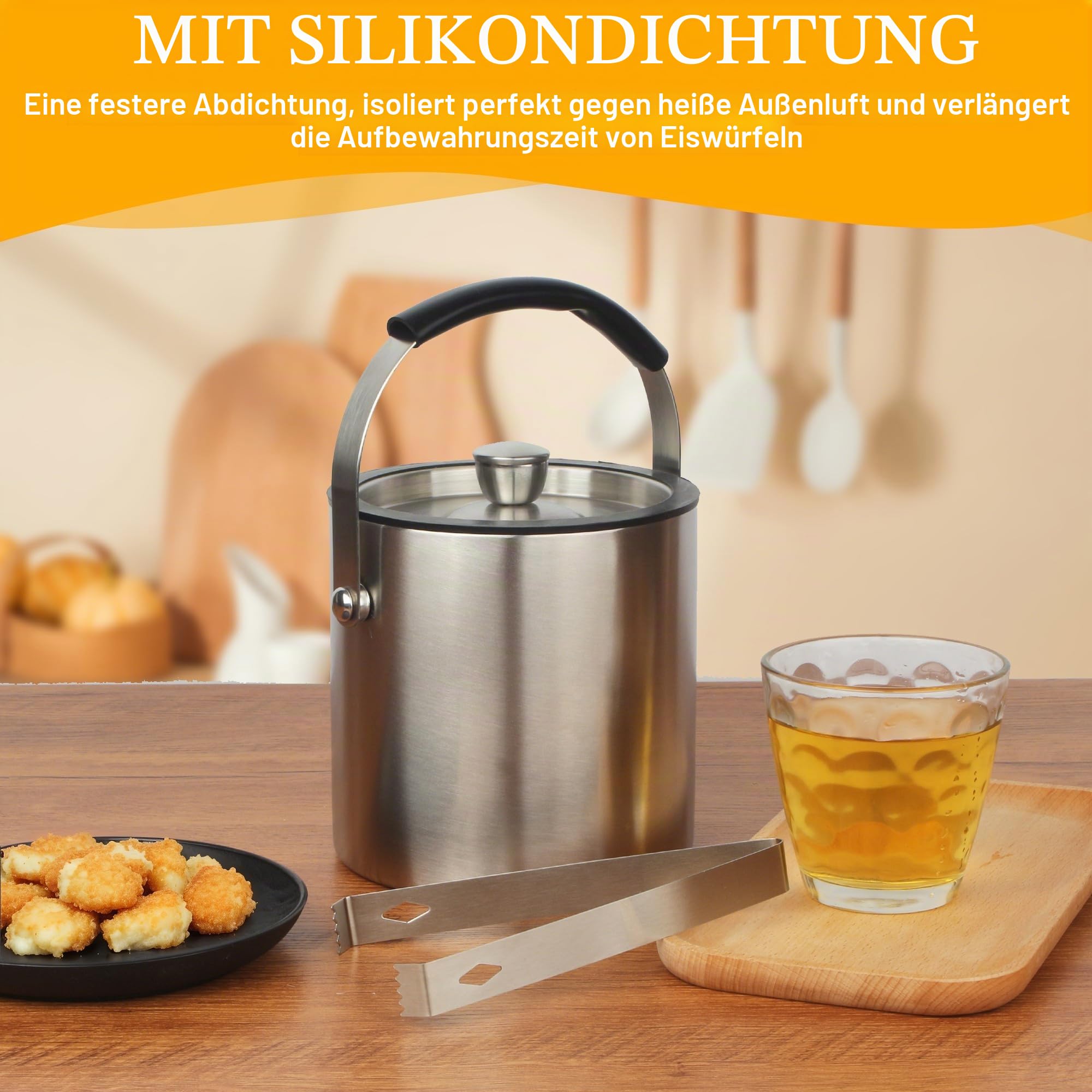 1.6 L Eisbehälter, Eisbehälter aus Edelstahl 1.6 L, Edelstahl-Eiskübel, doppelwandig, doppelwandiger isolierter Eisbehälter für Eiswürfel, ideal zum Kühlen von Bier, Champagner, Wein und Obst (1.6L)
