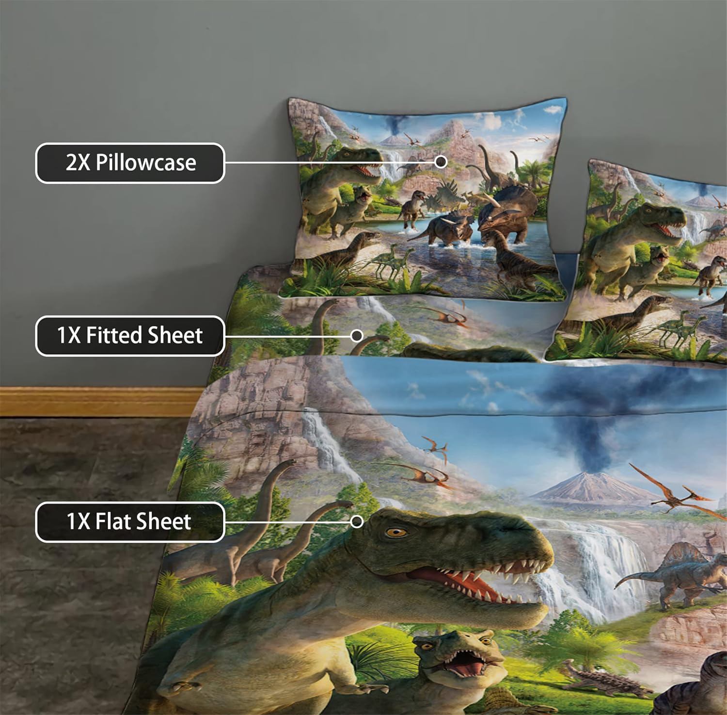 4 Pieces Dinosaurs Bed Sheets Set Twin for Boys 3D Realistic Dinosaur Green Bed Sheets Set Ancient Dinosaur Theme Kids Bedroom Bedding Sheet Set,Twin Size - Image 2