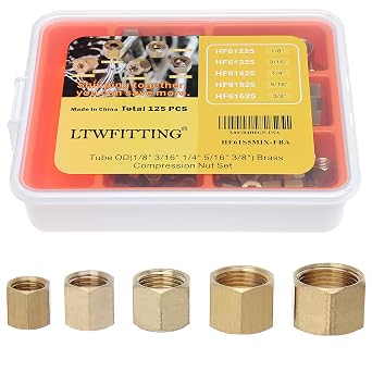 LTWFITTING Assortment Kit Tube OD 1/8" 3/16" 1/4" 5/16" 3/8" Brass Compression Nut Set Pack of 125