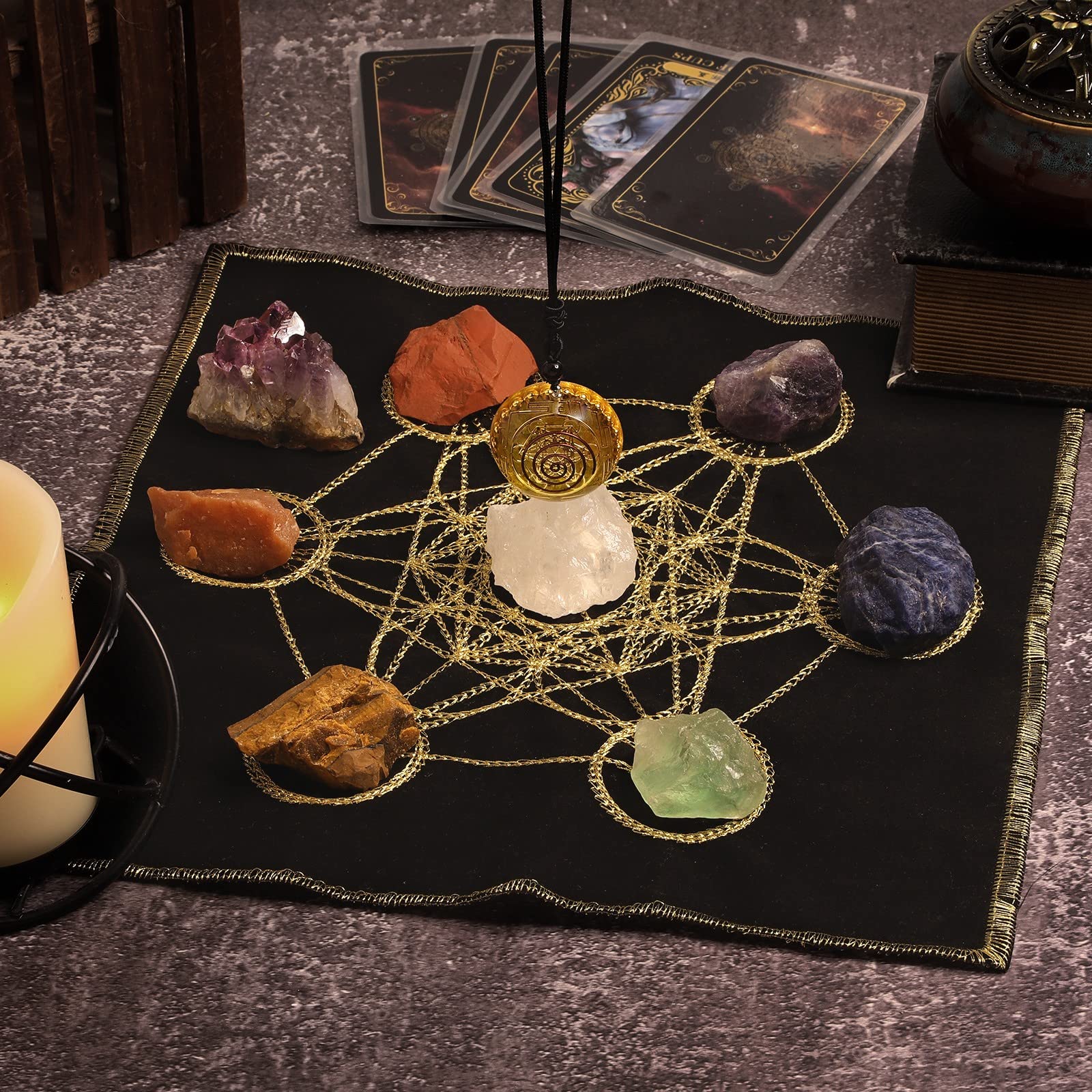 Amogeeli Set di 7 pietre chakra e cubo di Metatron, geometria sacra e griglia di cristallo, per principianti, divinazione, meditazione, altare, pietra curativa, decorazione per energia, chakra, Reiki