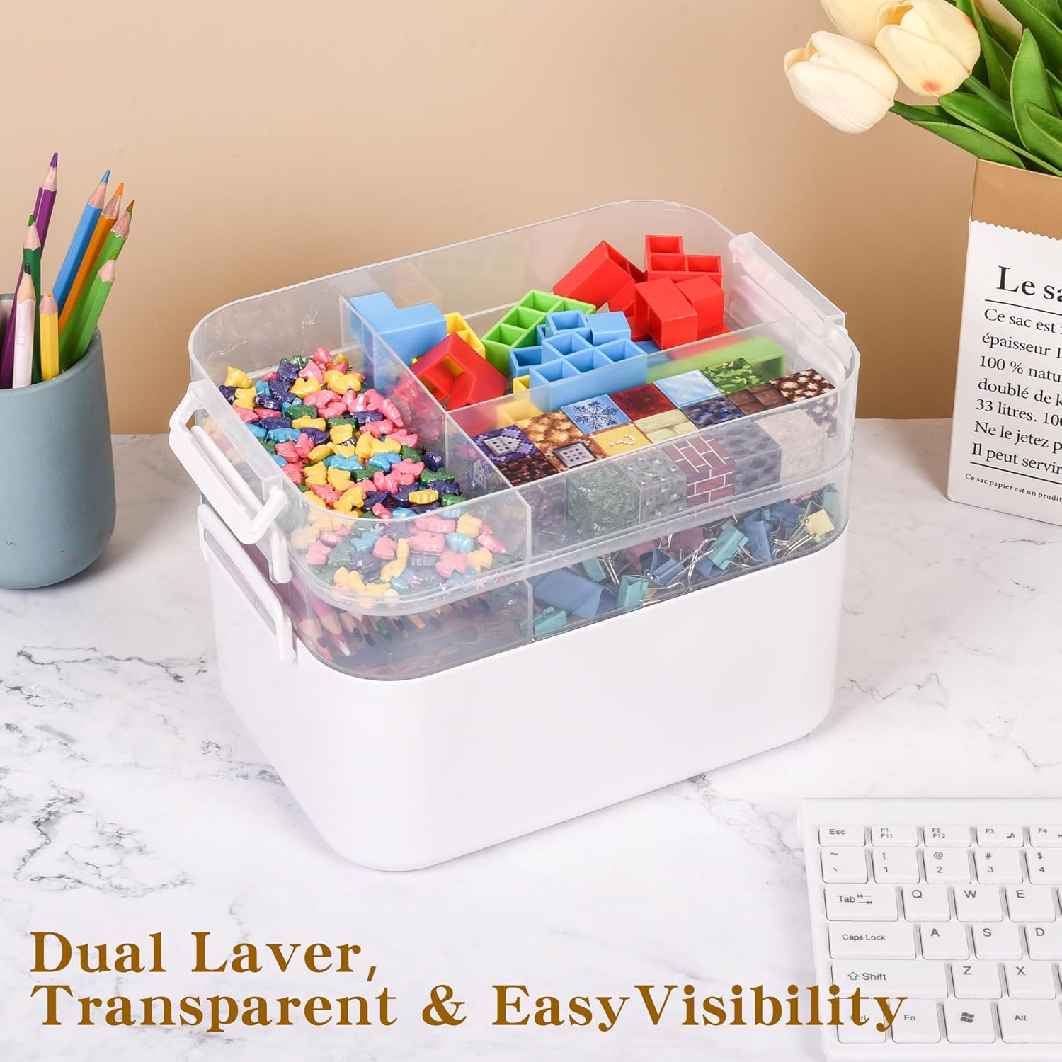3-Tier Art Supply Storage Container, Stackable Craft Organizer Box with Dividers, Clear Plastic Storage Case for Markers, Toys, Coloring Books 11.1''x7.7''x9.1''(Large-3 Layer)