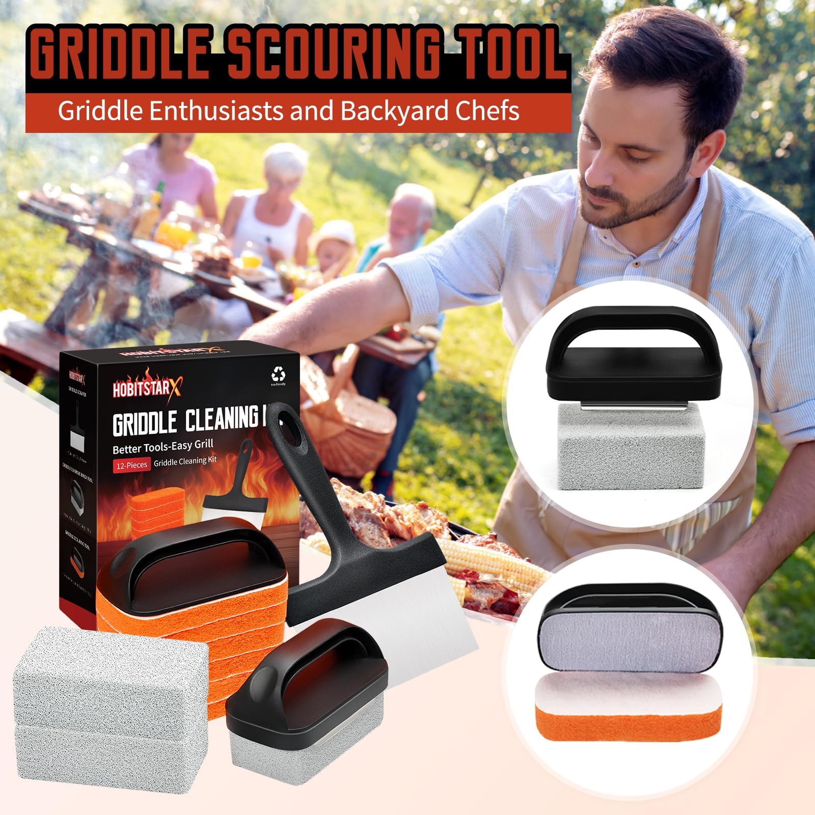 Grill-Reinigungsset für Blackstone, robuster Schaber und ergonomische Griffe | Kratzfeste Scheuerpads mit flacher Oberseite, Gusseisen, Öfen und Grillflächen, entfernt hartnäckiges Fett leicht