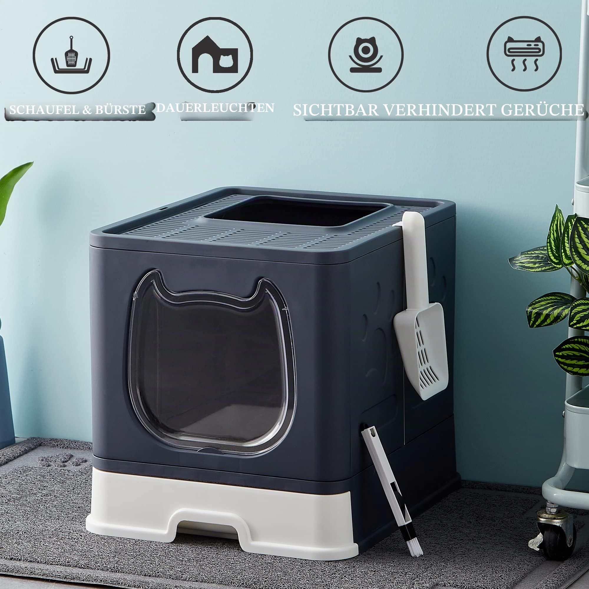 Vealind Faltbare katzenklo, Katzentoilette mit Deckel, abgedeckte Katzentoiletten mit Katzentoilettenschaufel und 2-1 Reinigungsbürste, Kitten Litter Box Cat Toilet (Schwarz)