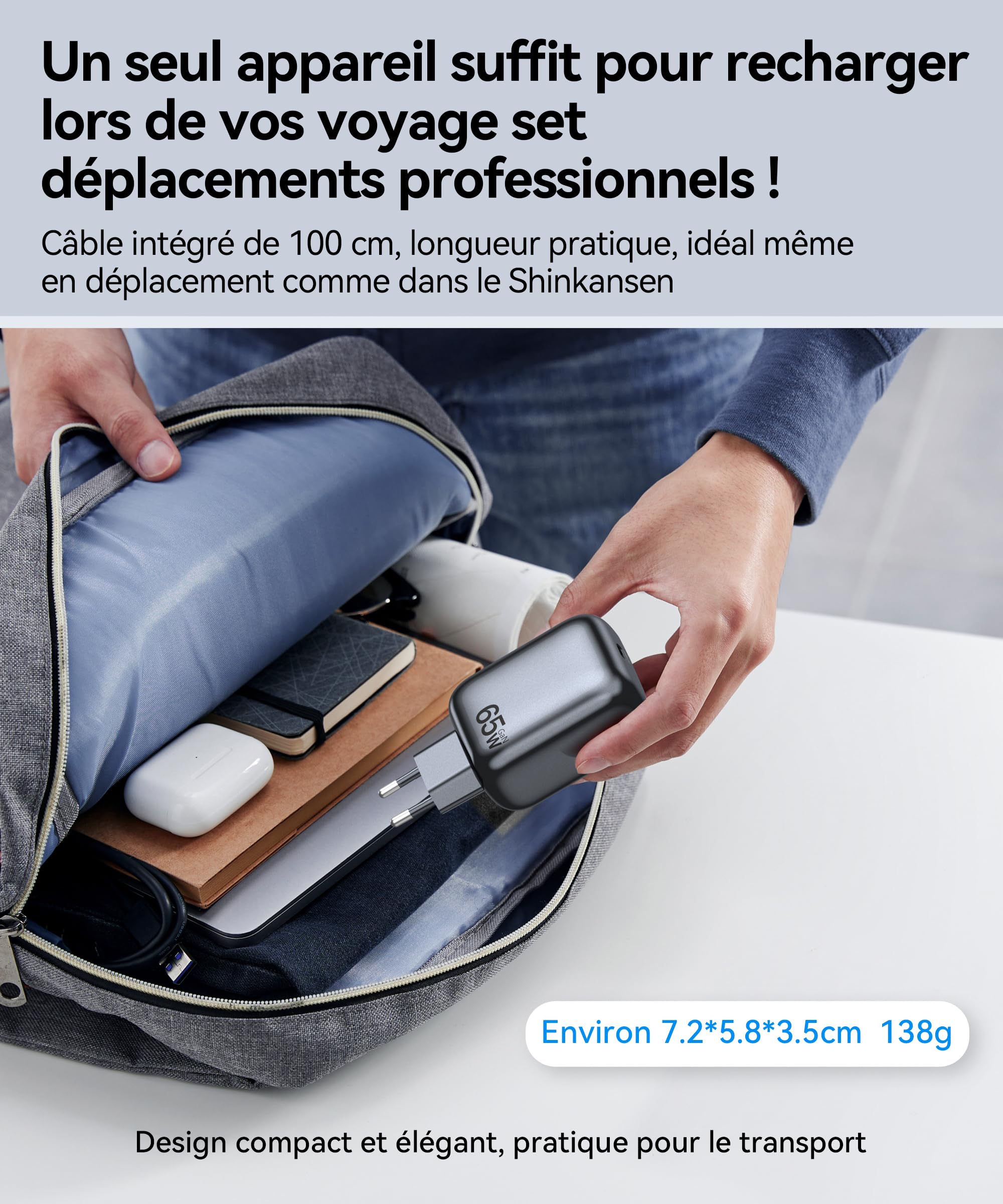 TOPADRE Chargeur USB C 65W, Prise USB C Rapide avec 100CM câble Rétractable