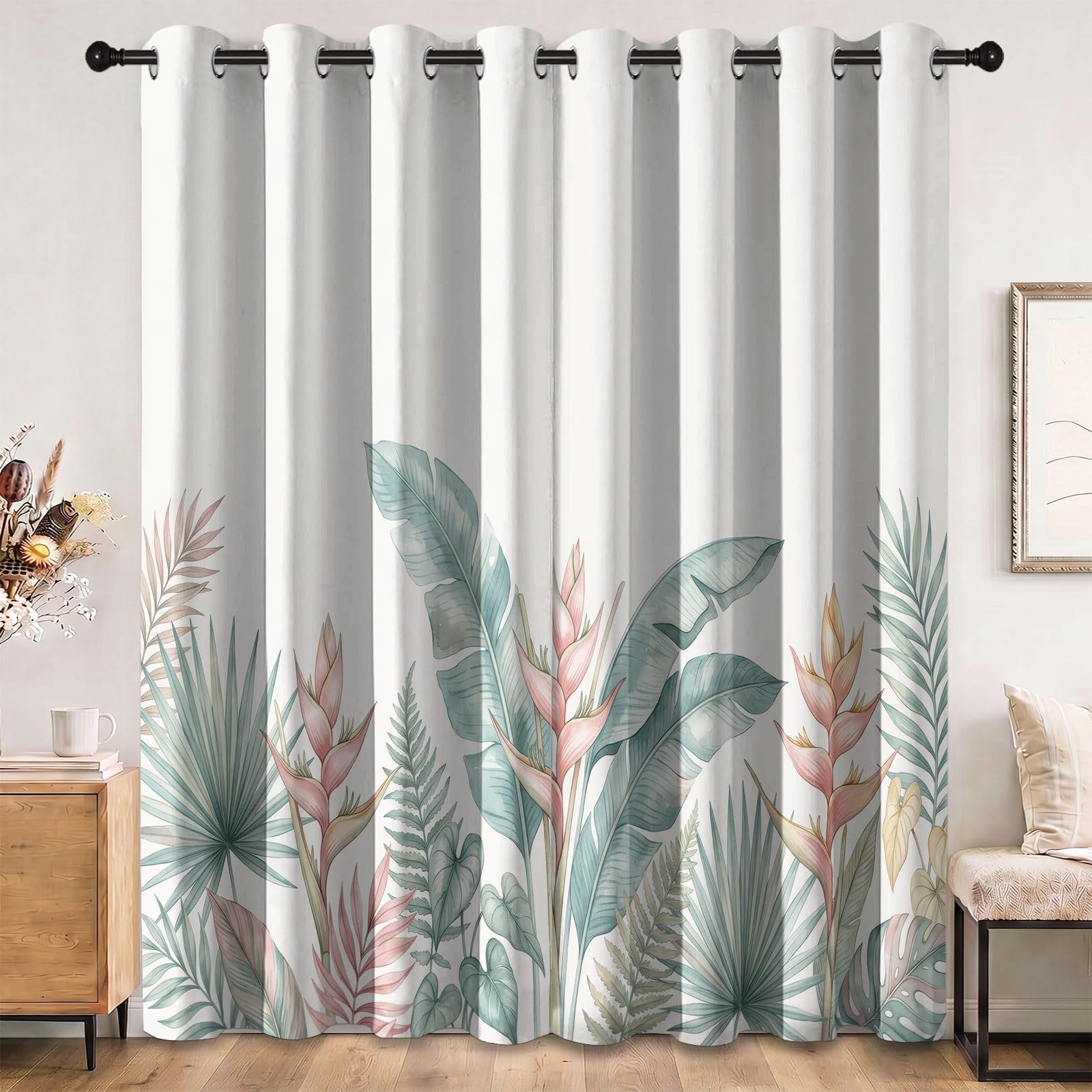 Rideau Occultant Motif Tropical Plantes - Beige Rideaux Thermiques Imprimé Aquarelle Banane Feuille pour Salon Chambre Fenetre, Lot de 2 Rideaux et Draperies Intérieurs à Oeillets, 140L X 240H cm