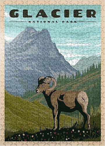 Glacier National Park - Where The Bighorn Sheep Roam, póster de viaje vintage, rompecabezas de 500 piezas prémium para adultos
