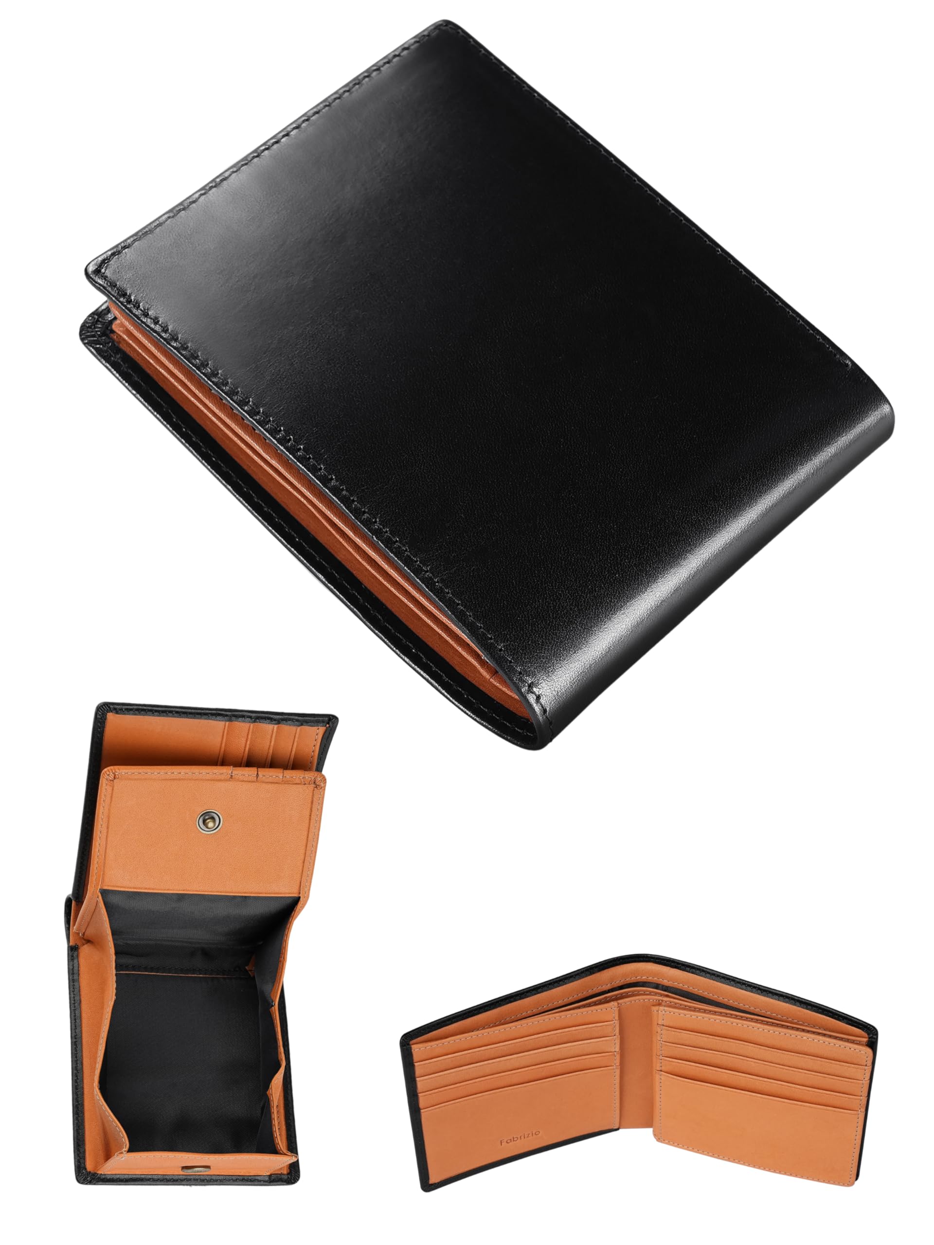 Fabrizio Men's Bifold Wallet Box Type Coin Purse Men's Wallet Thin Soft Easy to Use Italian Leather Made by Top-Class Leather Artisans Large Capacity Genuine Leather, shine black : Clothing, Shoes & J