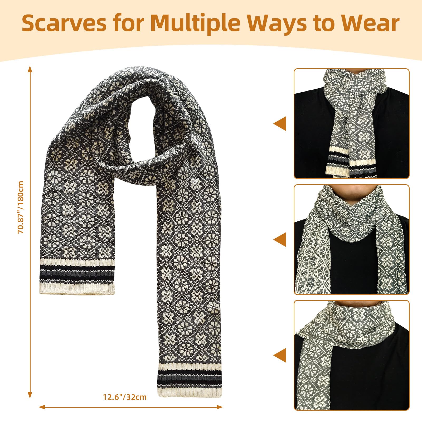 Mütze Schal Handschuh Set Winter Weich Warm Pelzgefütterte Bommelmütze Langer Schal und Touchscreen Handschuhe Set 3-teiliges Retro Schneeflockenmuster Gestrickte Damen Unisex