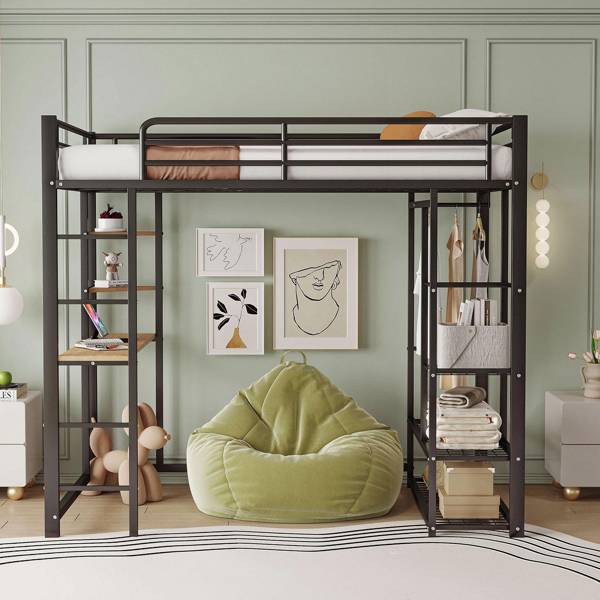 Merax Kinderbett Hochbett,Metall,90x200 cm, mit Schreibtisch,mehrere Regalen,einfach Kleiderschrank-Design,Leiter, Stabiler Metallrahmen, für Kinder und Jugendliche, Ohne Matratze,Schwarz
