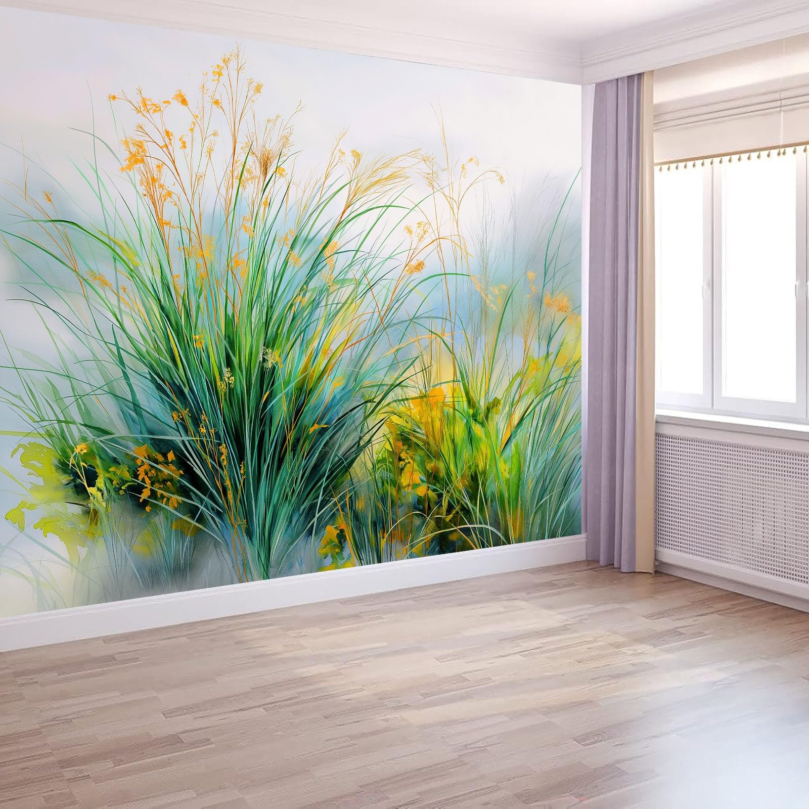 Fototapeta ścienna, natura, trawa, dzikie pola, mgła, nastrojowa, 200 x 140 cm, tapeta z włókniny premium, zielona, do sypialni, korytarza, salonu, salonu (nie samoprzylepna)