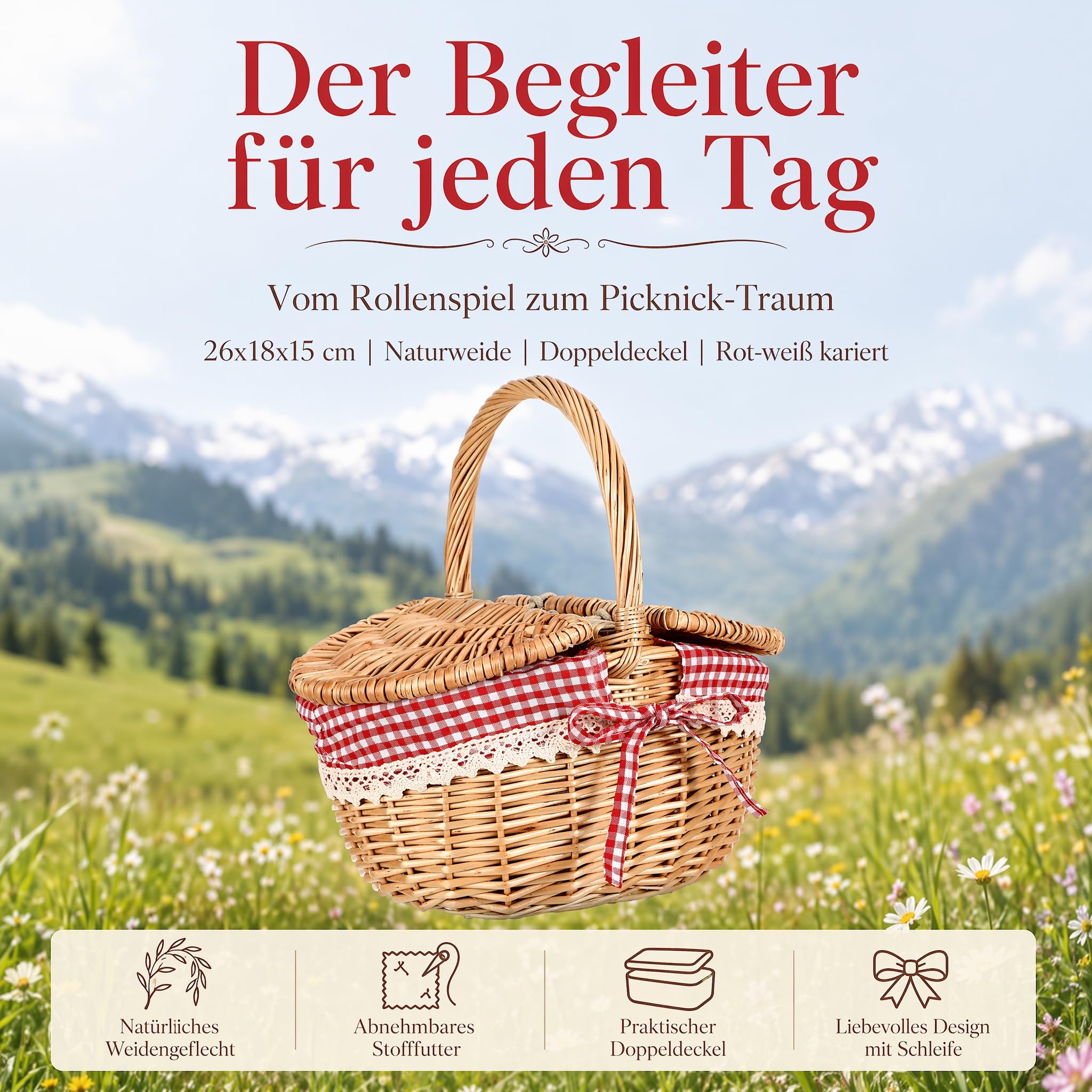 iplusmile Kleiner Weidenkorb mit Deckel und Henkel Geflochten Ovaler Picknickkorb Kinder Rotkäppchen Korb mit Rotem Karostoff, 26x18x15cm