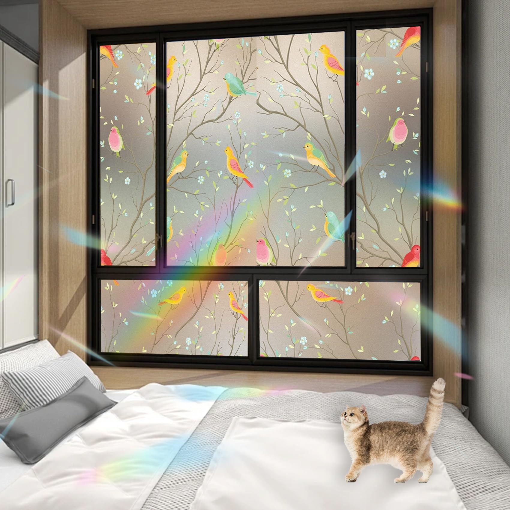 para Cristales Vinilo Adhesivo 110 x 325 cm, Ventana Fácilmente Decorativo Reutilizar, Adherencia Decorativos, Decorativo Película para Ventana, para Dormitorio Oficinas, Flores Y Pájaros
