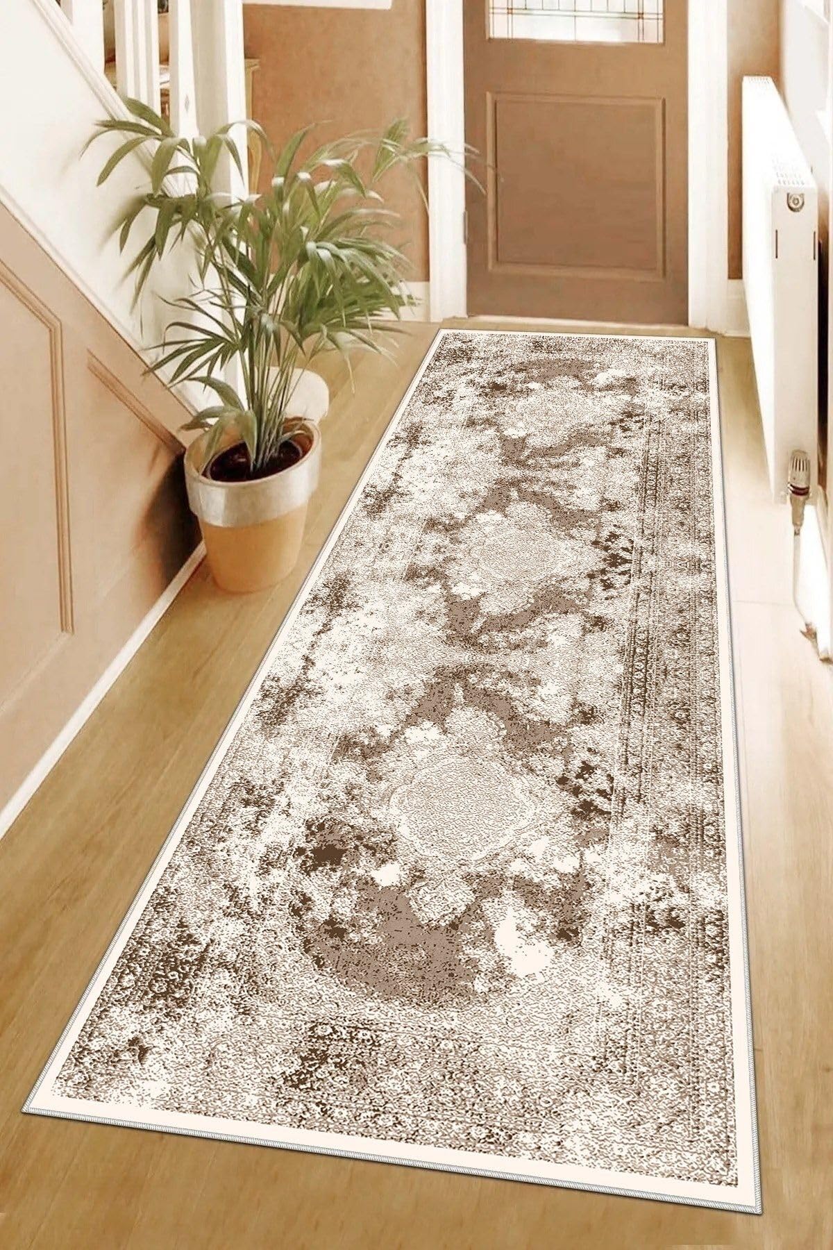 Pelangi Osmanlı Motifler Şal Desenli Etnik Dijital Baskı Yıkanabilir Kaymaz Taban Eskitme Salon Halısı, Sütlü Kahverengi 80 x 200, 955572411802007