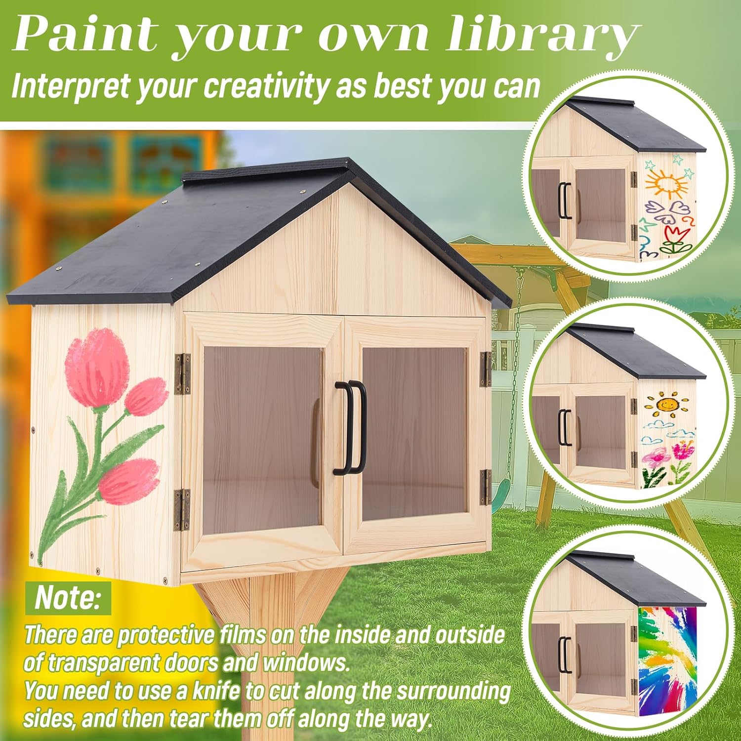Wonderjune Little Library Box Outdoor Free Library Kit, Durable Weatherproof Solid Wood Book Exchange Box with Floor Plugs and Small Flower Fence for Neighborhoods, Community, Literature, Newspapers