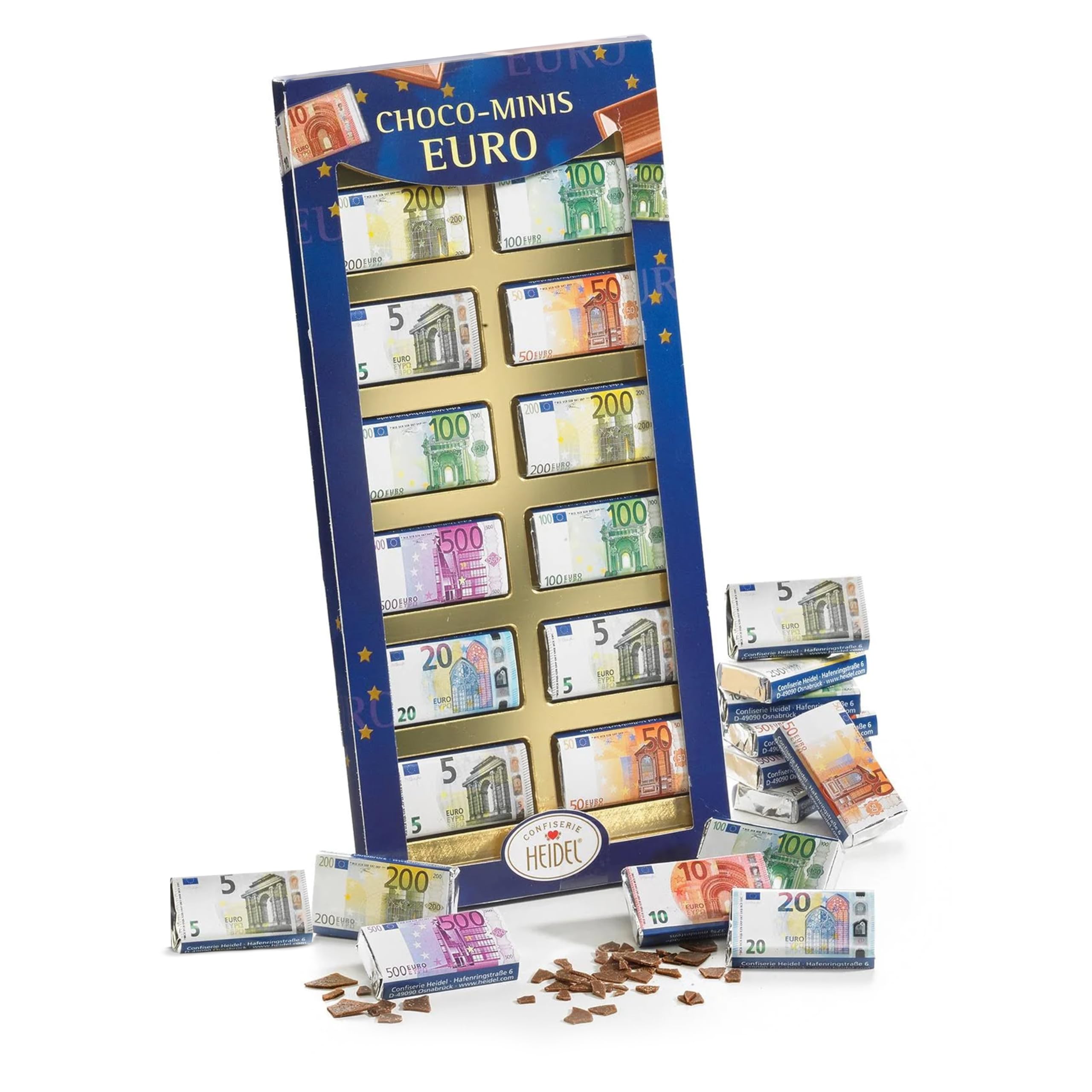 Minis Chocolat Euro en Chocolat HEIDEL Conffiserie - Coffret présent original 36 g chocolat-au-lait - Pour cadeaux en argent - Chocolats a offrir a occasions spéciales - 5 à 200 en billets d'euros
