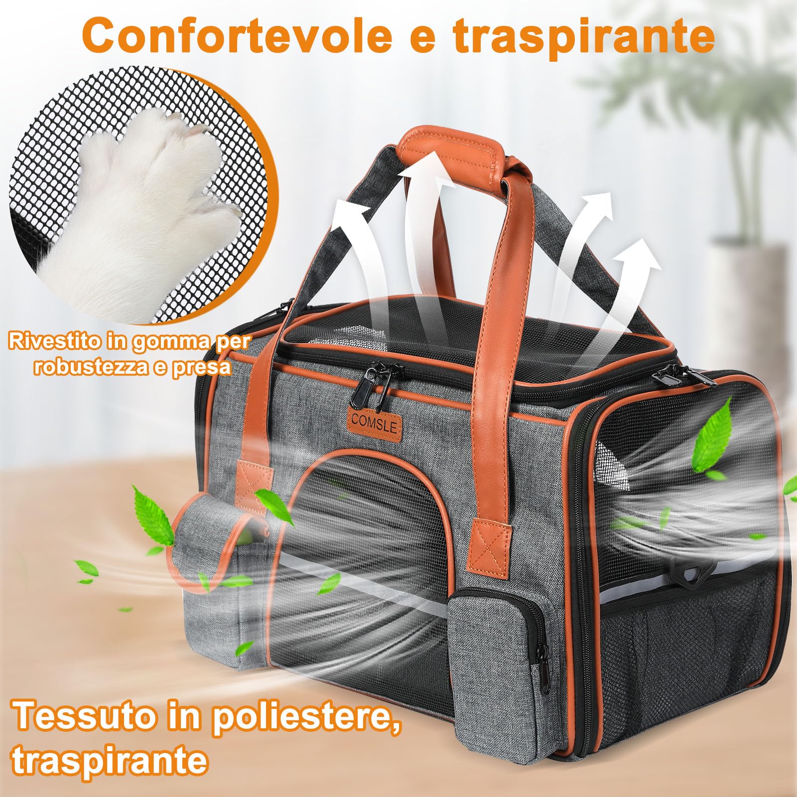 COMSLE Trasportino per Cani e Gatto Pieghevole con 5 Finestre a Rete Traspirante, Morbido per Viaggi, Portatile con Tracolla Comode, Grigio Scuro