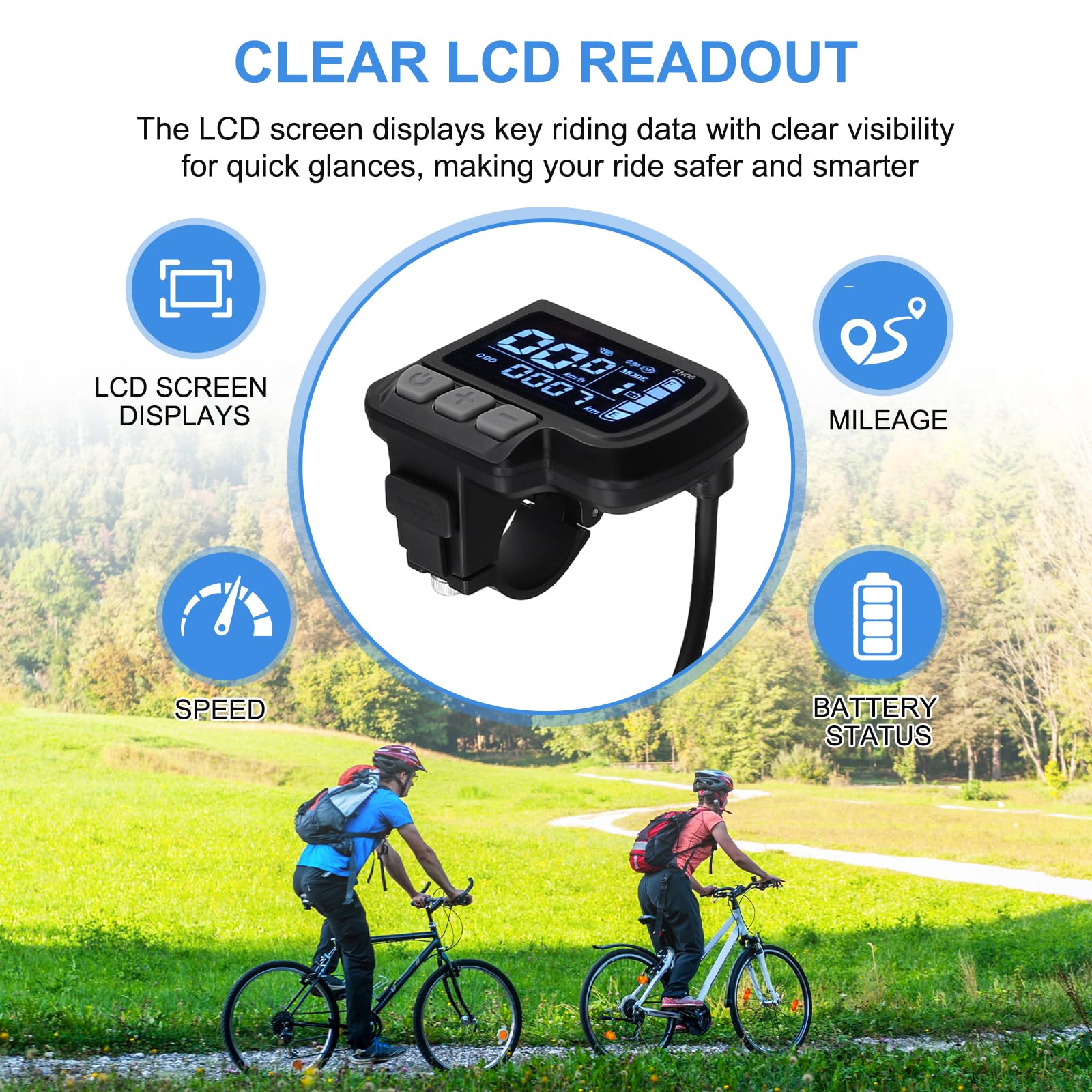 Display per e-bike 24 V, 36 V, 48 V, schermo LCD con cavo di interfaccia a 6 pin, per manubri di biciclette elettriche, 22,2 mm, corpo in ABS resistente alle alte temperature