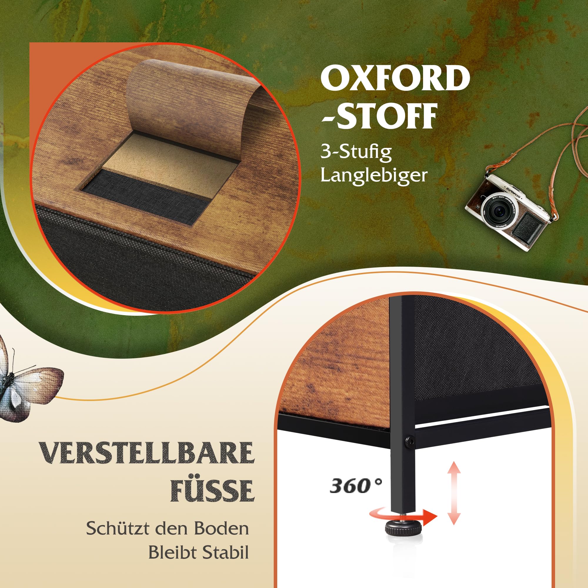 WLIVE Kommode mit 5 Schubladen aus Stoff, Kommodenschrank für Schlafzimmer, Kommode Wohnzimmer, mit Stabiler Stahlrahmen, Vintagebraun-Schwarz
