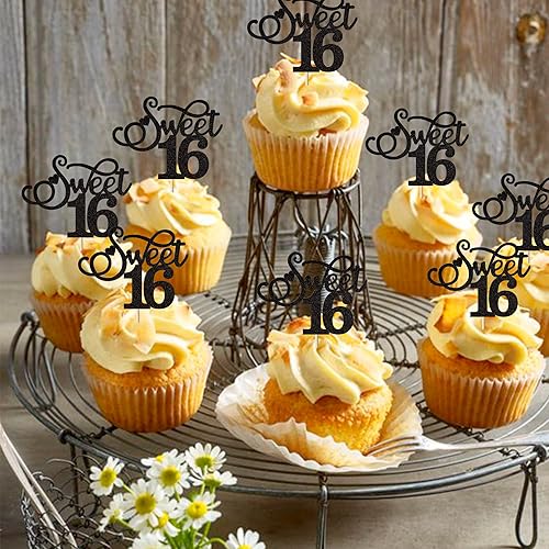 Miniatura 7 de Rsstarxi Paquete de 30 adornos para cupcakes con purpurina de 16 años de edad, diseño de corazón de amor, para cumpleaños de 16 años, bodas,