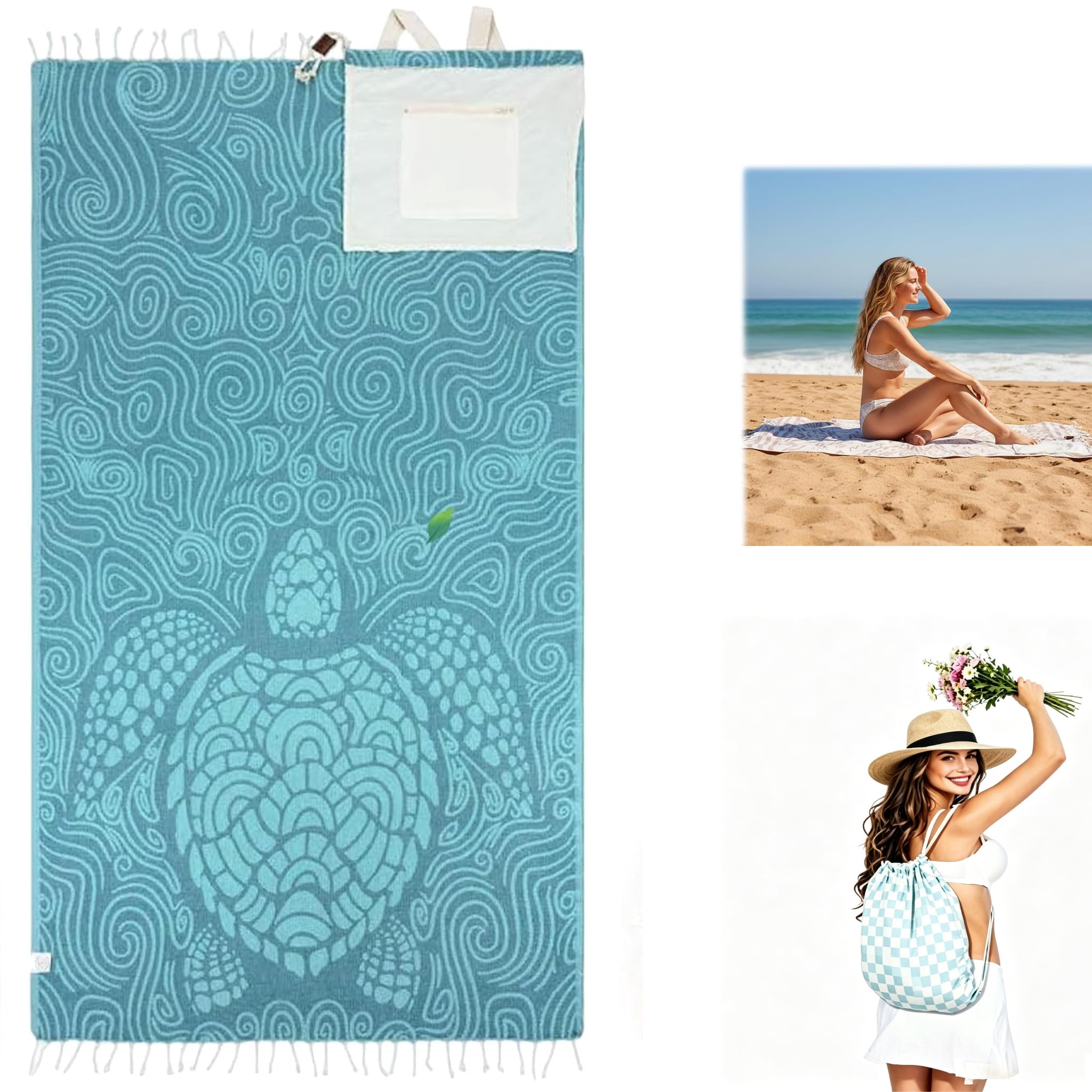 2-in-1 Convertible Towel & Backpack with Inner Zip Pocket & Sand-Repelling Fabric, Oversized Microfiber Wearable Beach Bag, Quick-Dry Packable Mat for Travel, Camping, Vacation & Cruise (C)