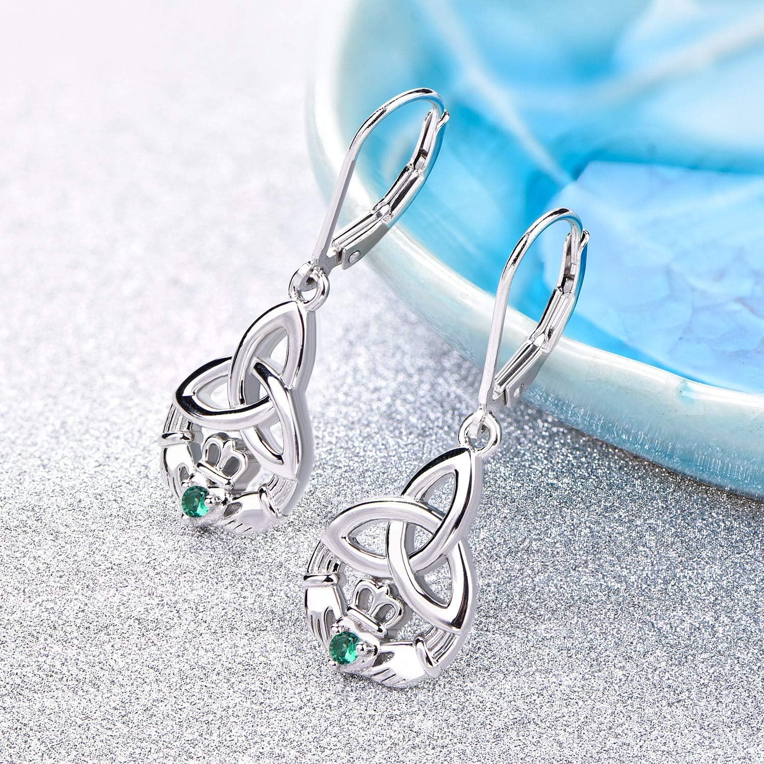 JO WISDOM Women Claddagh Earrings,925 Sterling Silver Irish Celtic Claddagh Love Heart Drop & Dangle Leverback Earrings - Image 3