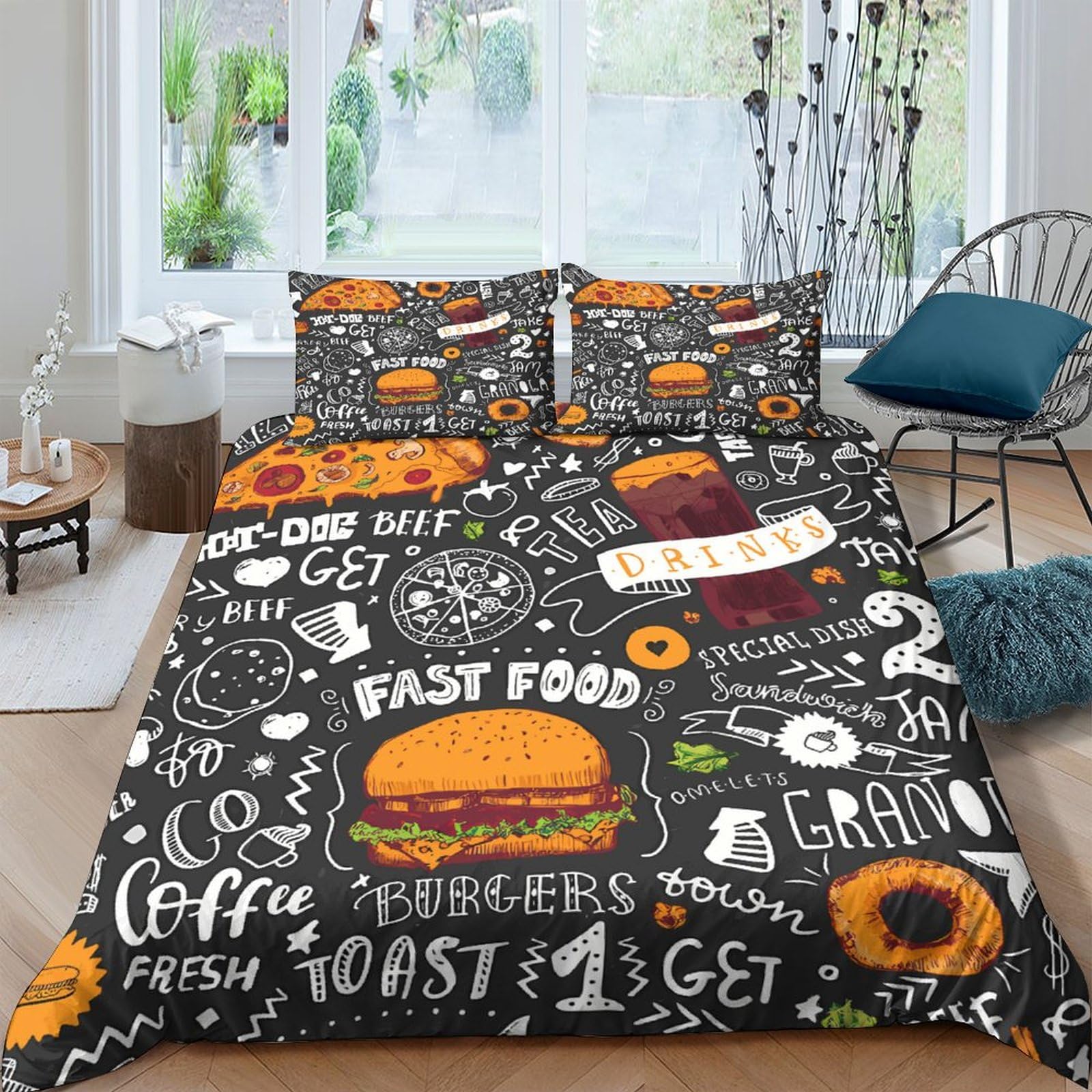Parure de lit originale pizza hamburger idée cadeau insolite housse couette 220x240