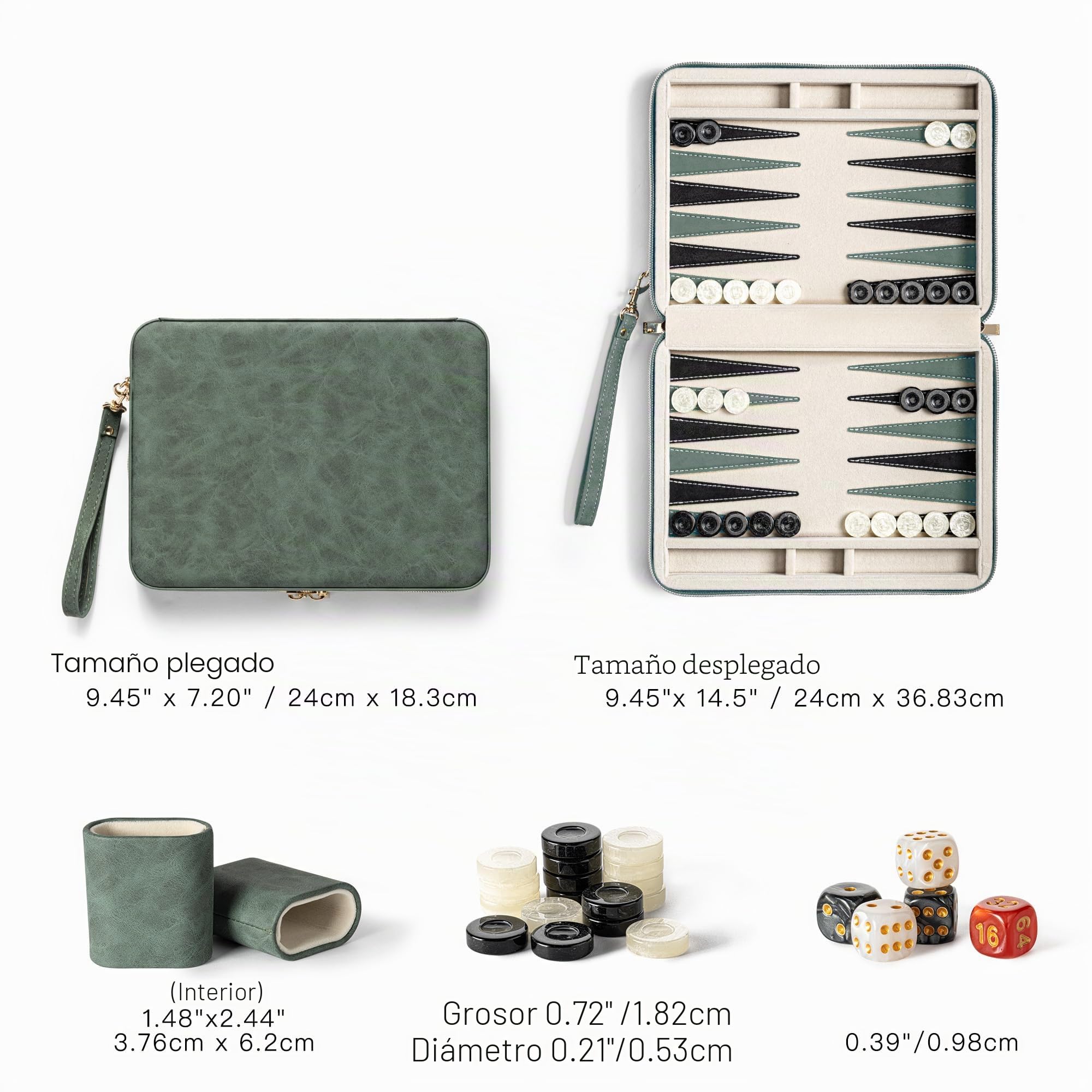 Juegos de Backgammon de 9.4 Pulgadas para Adultos, Juego de Mesa clásico con Funda Plegable de Cuero para Backgammon, Juego de Backgammon de Viaje portátil, Incluye 30 Damas de Cuerno (Green)