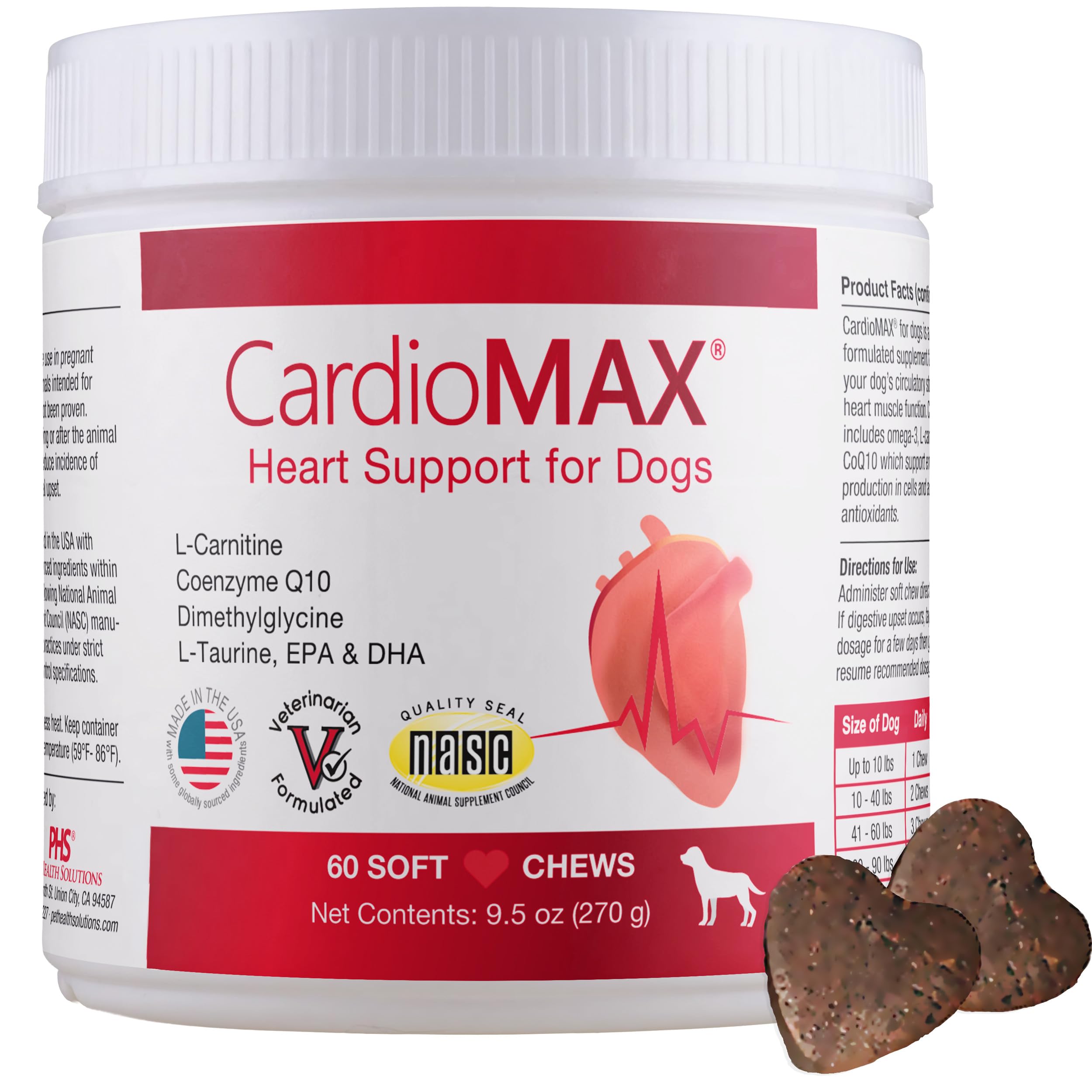Heart Support Supplement for Dogs-Vet-Formulated, Antioxidant-Rich-L-Taurine, L-Carnitine,EPA,DHA,CoQ10-Aids Circulatory Strength, Cardiovascular Support, Heart Muscle Function-USA Made-60 Soft Chews