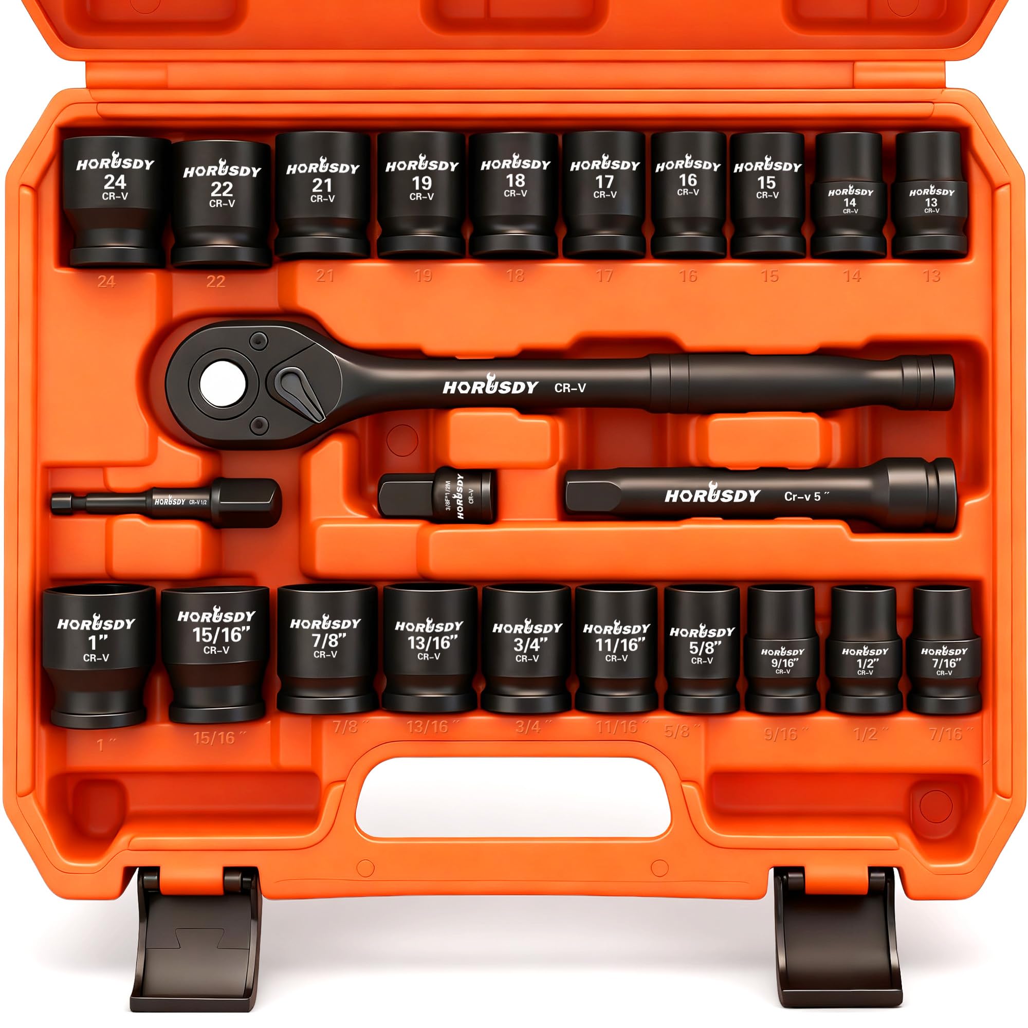 1/2" Drive Shallow Impact Socket Set, 24-Piece SAE (7/16"-1") and Metric (13-24mm), 6 Point, Cr-V, Includes 1/2-Inch Drive Ratchet Handle, Drive Extension Bar