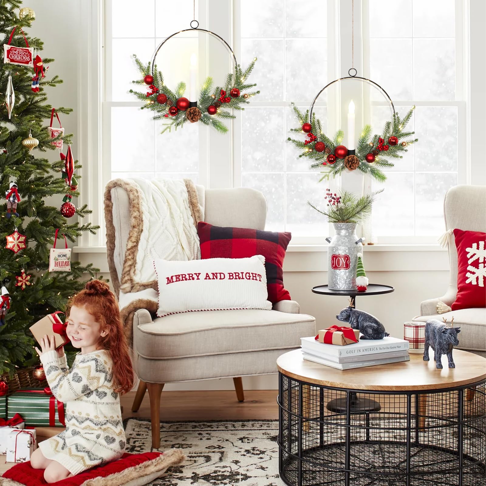 Dremisland Juego de 2 Corona Navidad Puerta con Luces 40cm Coronas de Navidad con Velas Corona de Adviento con Piñas Bayas Guirnalda Navidad Corona Artificial Decoración Navideña Chimenea Ventana