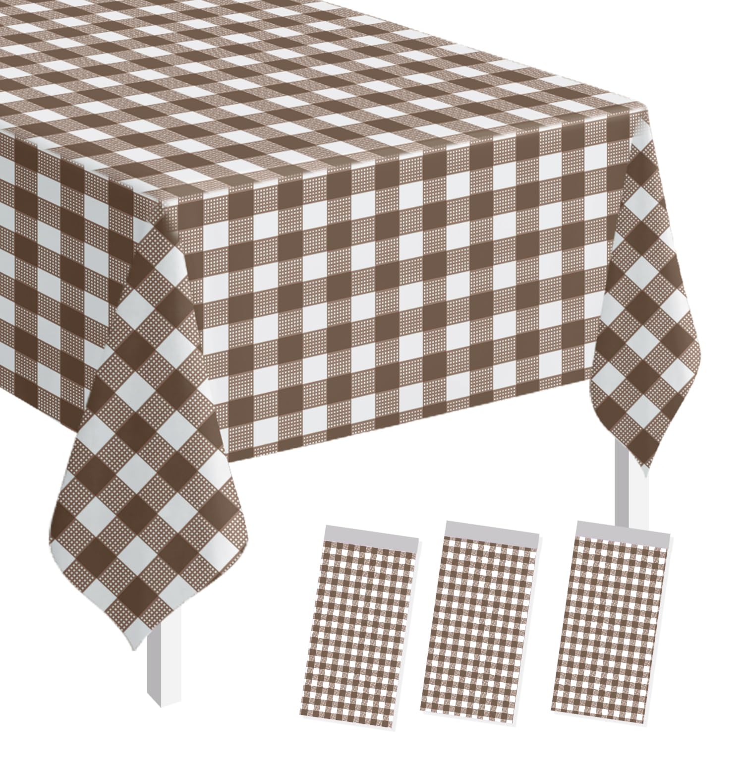 SietDESEO 3 Pack Dark Brown Gingham Tablecloth Rectangle 54 x 108 Brown and White Checkered Table Cloth Disposable Plaid Table Cover Plastic for Birthday Baby Shower Picnic Wedding Party Supplies