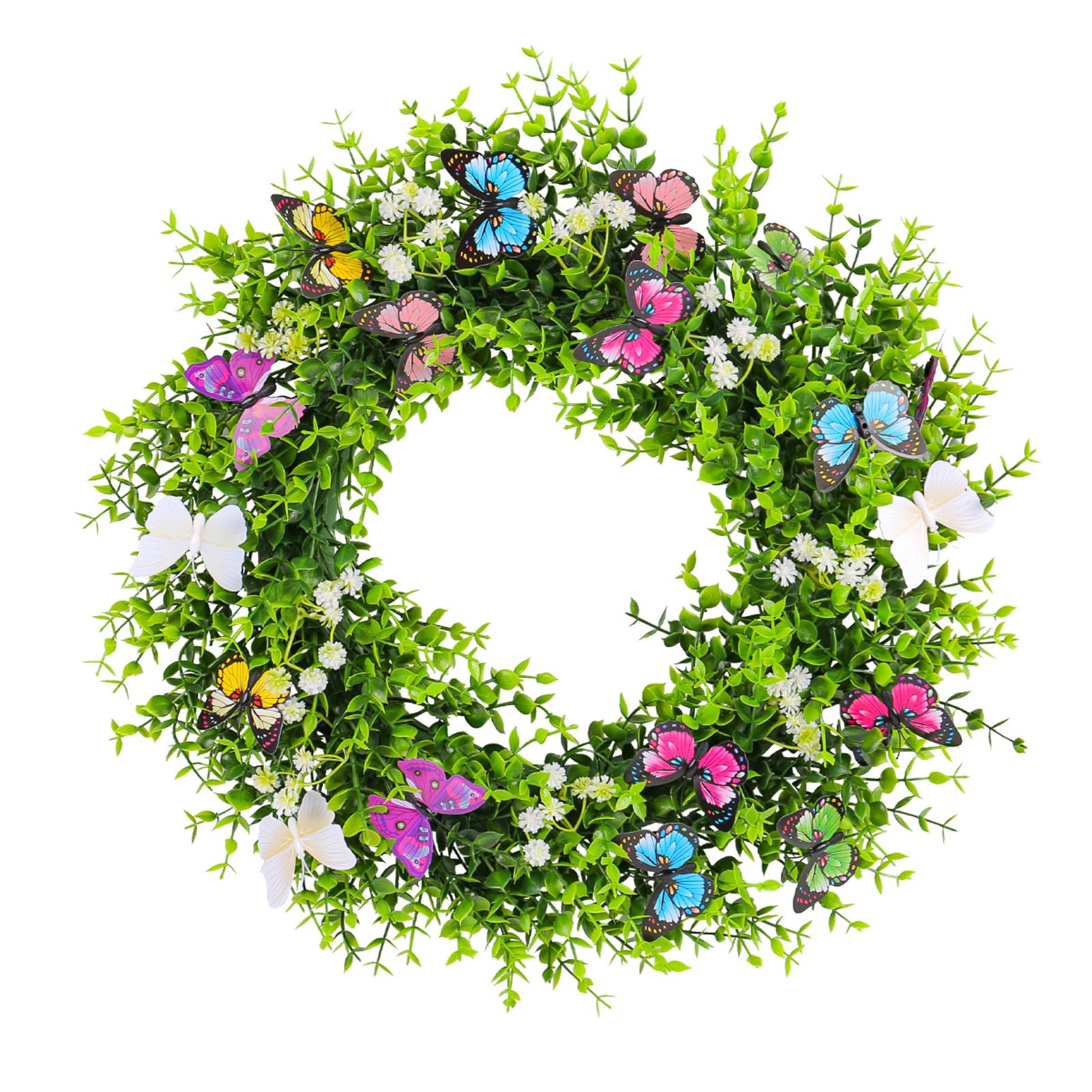 17.71 Inch Plastic Artificial Flower Wreath with Fake Butterflies,Spring Summer Wreath,Colorful Door Wreath Decorations,Artificial Wreath for Front Door Indoor Outdoor Home Decor